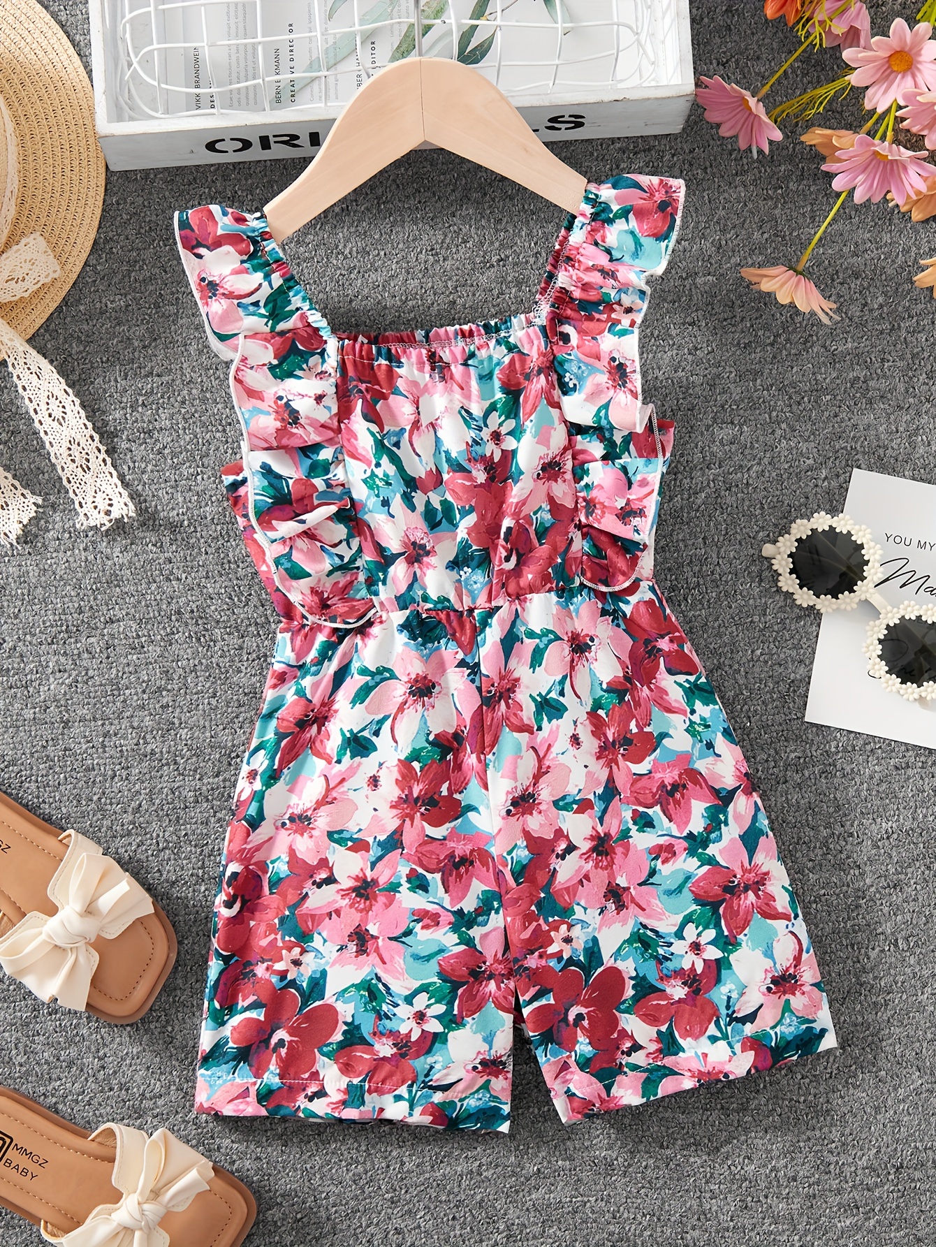 Girls Romper All Season Tropical Floral Ruffle Easy Care Ages 1-8 - 图片 2