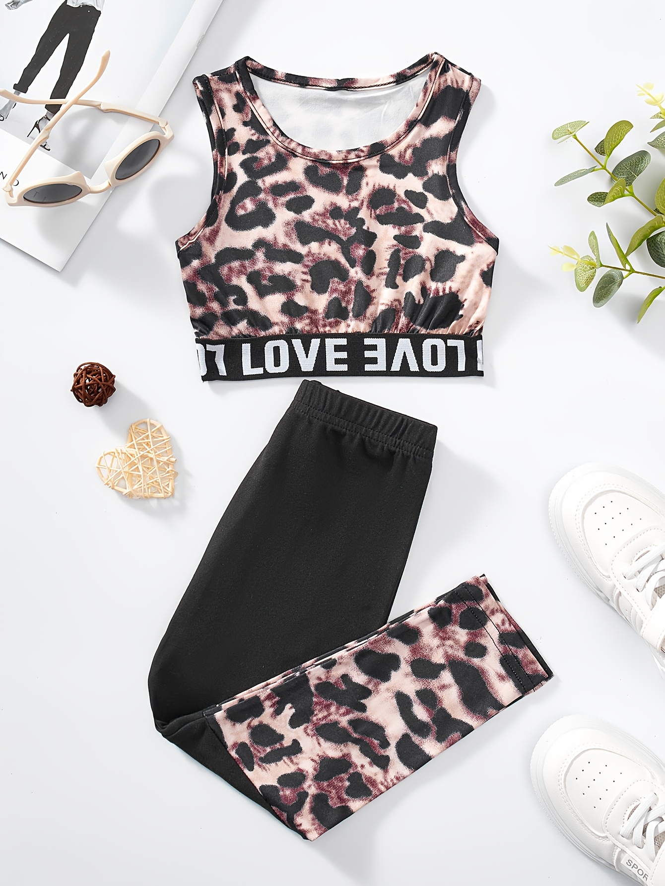 Girls Tank Top Pants Set Summer 2-Piece Leopard Print Stretch Ages 1-8 - 图片 2