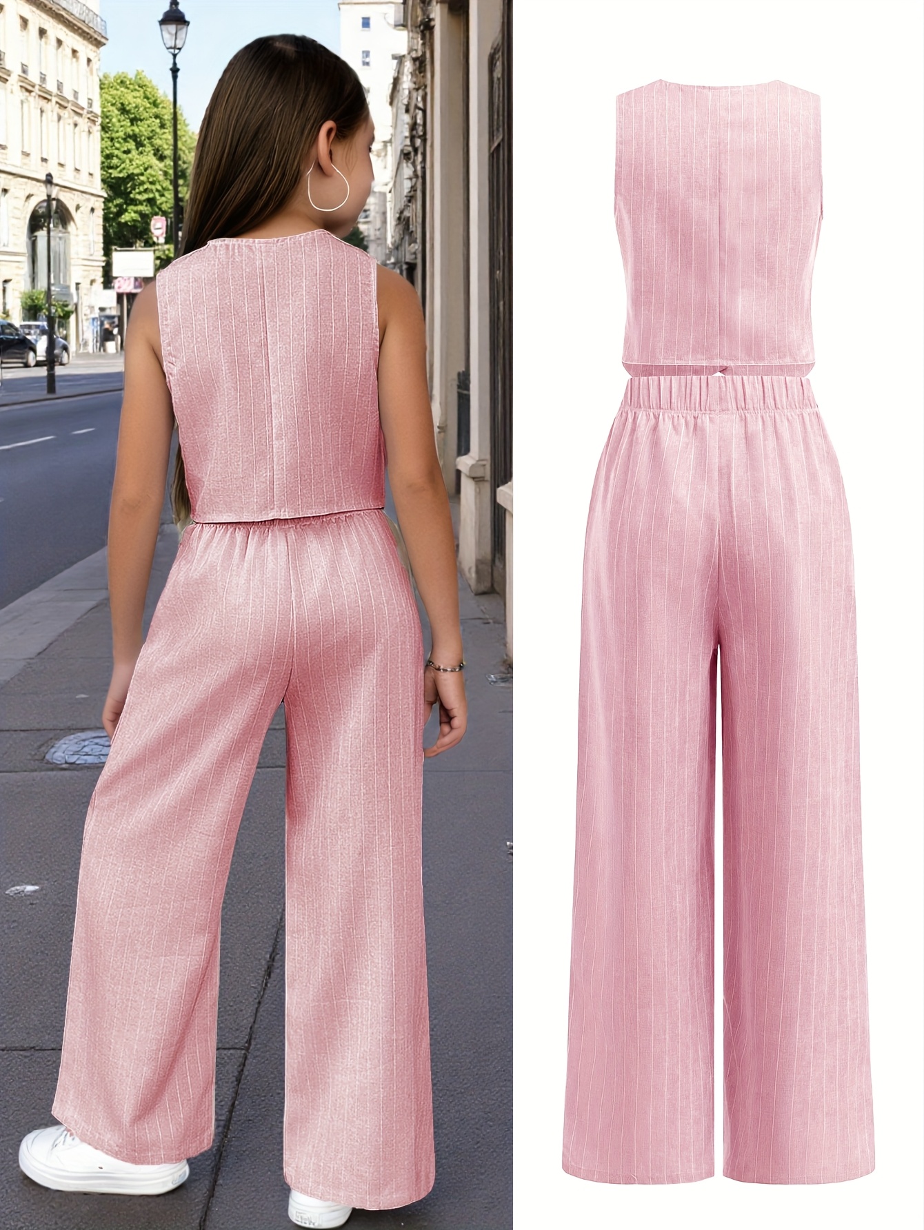 Girls Vest Pants Set Spring-Summer-Fall 2-Piece Striped Stretch Teen - 图片 3
