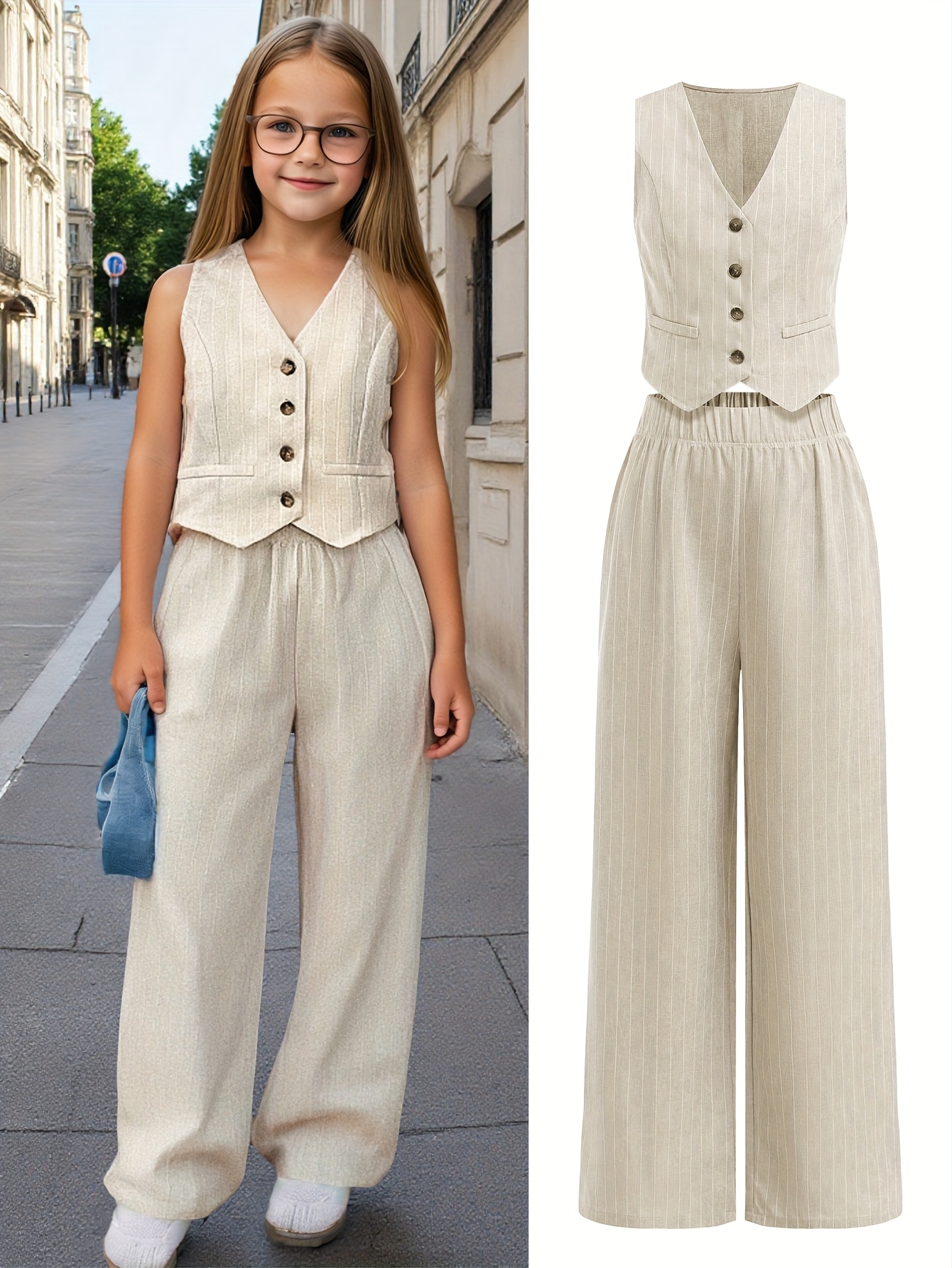 Girls Vest Pants Set Spring-Summer-Fall 2-Piece Striped Stretch Teen - 图片 2