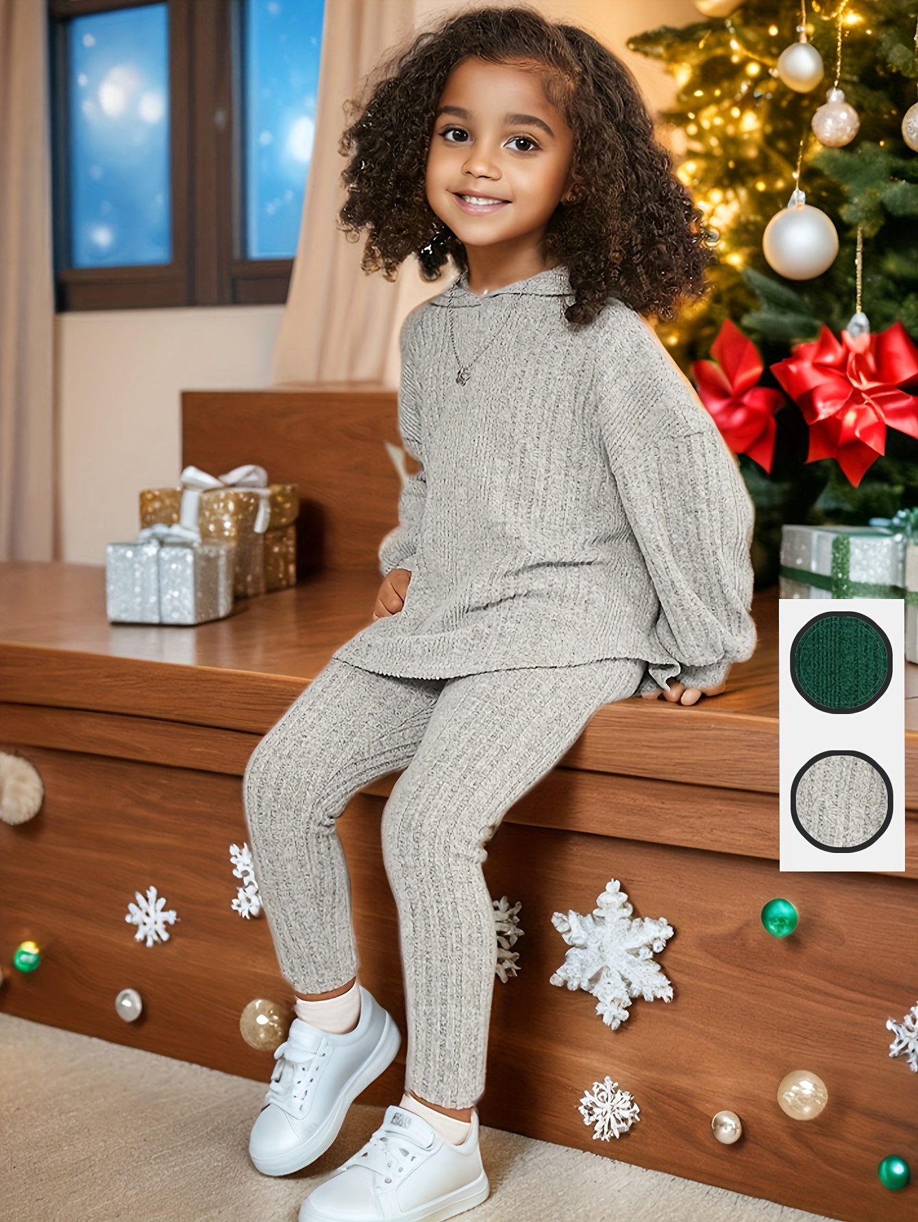 Girls Pants Set Spring Fall 2-Piece Solid Textured Stretch Ages 1-8 - 图片 2