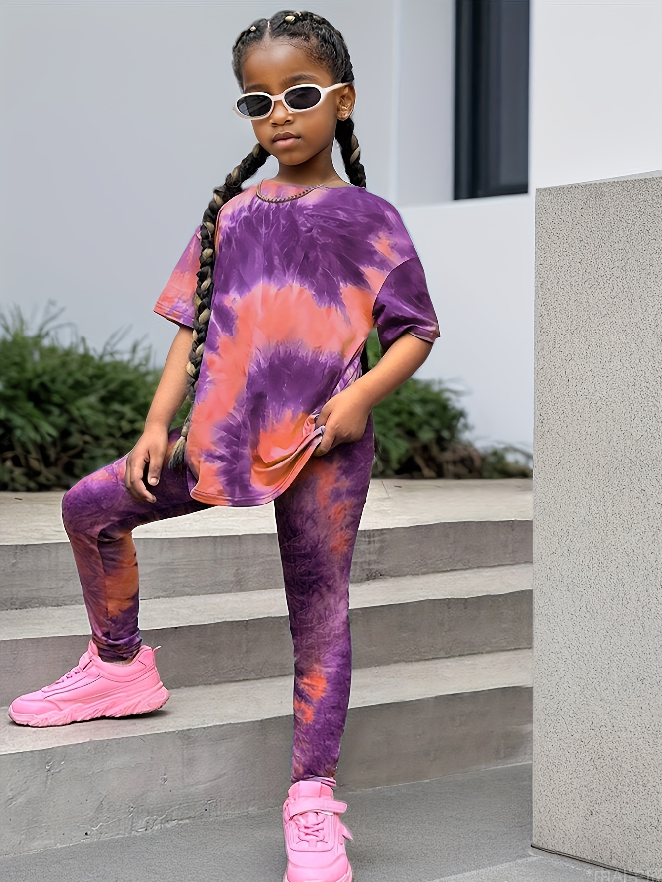 Girls T-Shirt Set Spring Fall 2-Piece Tie Dye Stretch Comfort Ages 1-8 - 图片 3