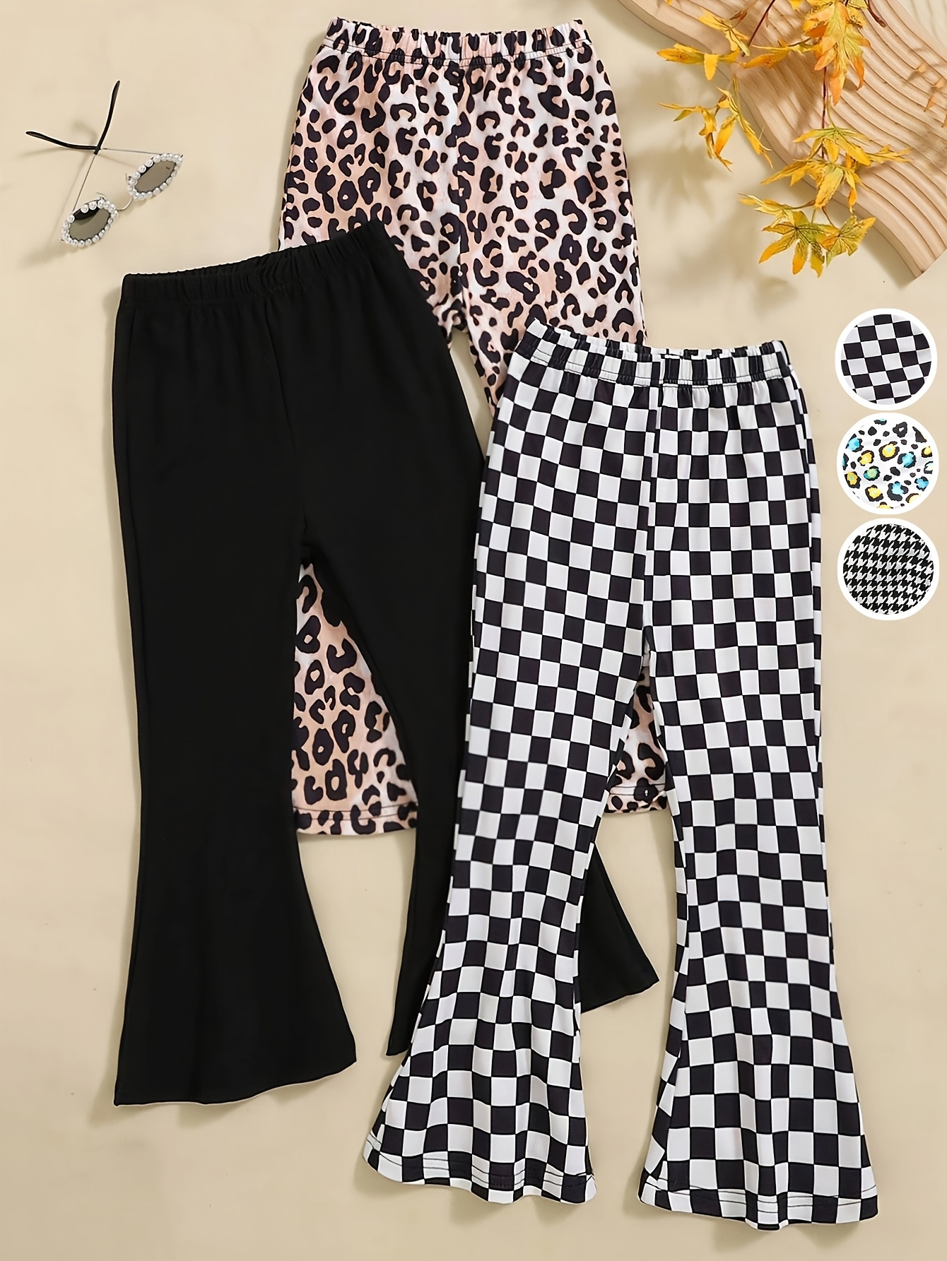 Girls Flare Pants All Season 3-Piece Leopard Print Houndstooth Stretch - 图片 2