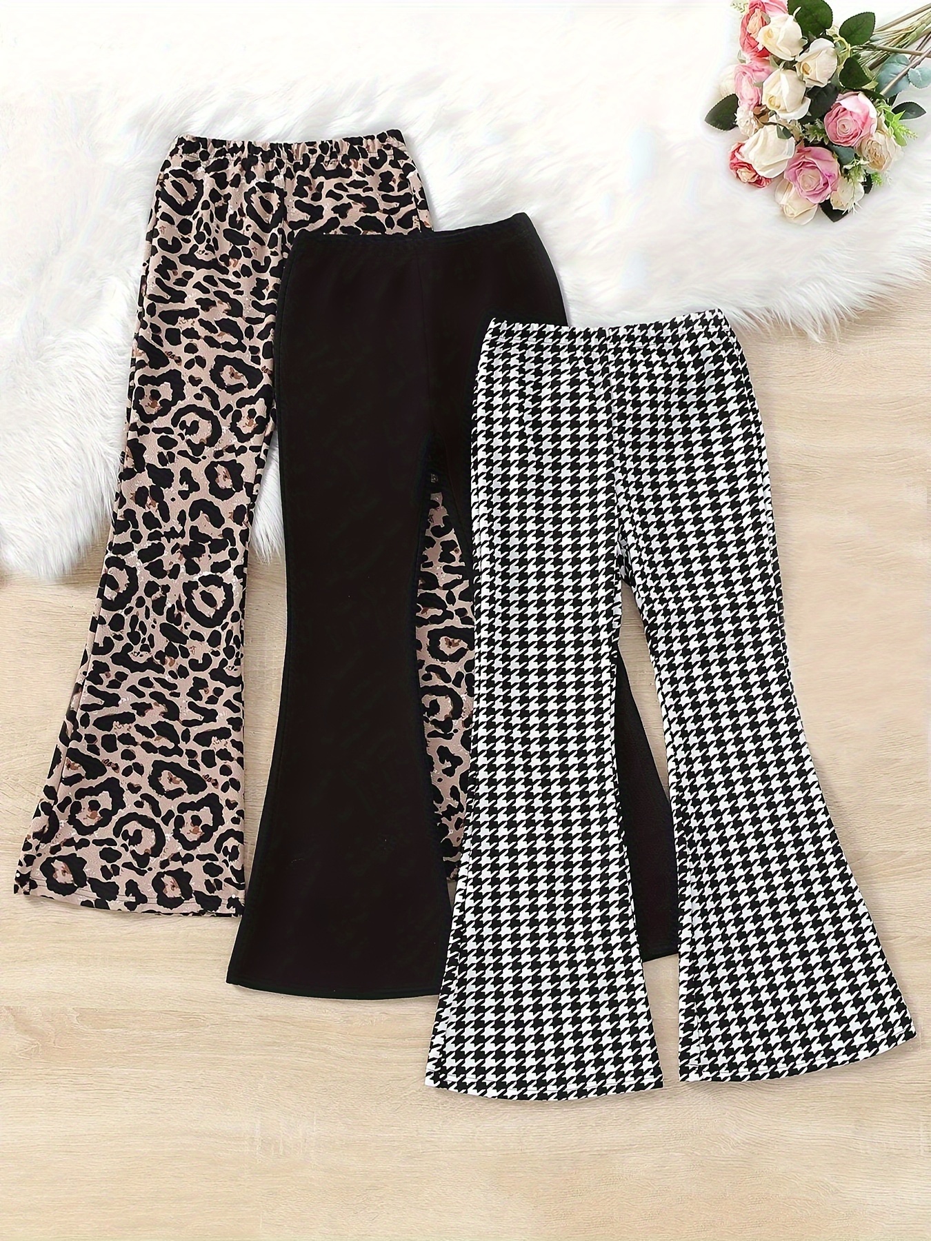 Girls Flare Pants All Season 3-Piece Leopard Print Houndstooth Stretch - 图片 14