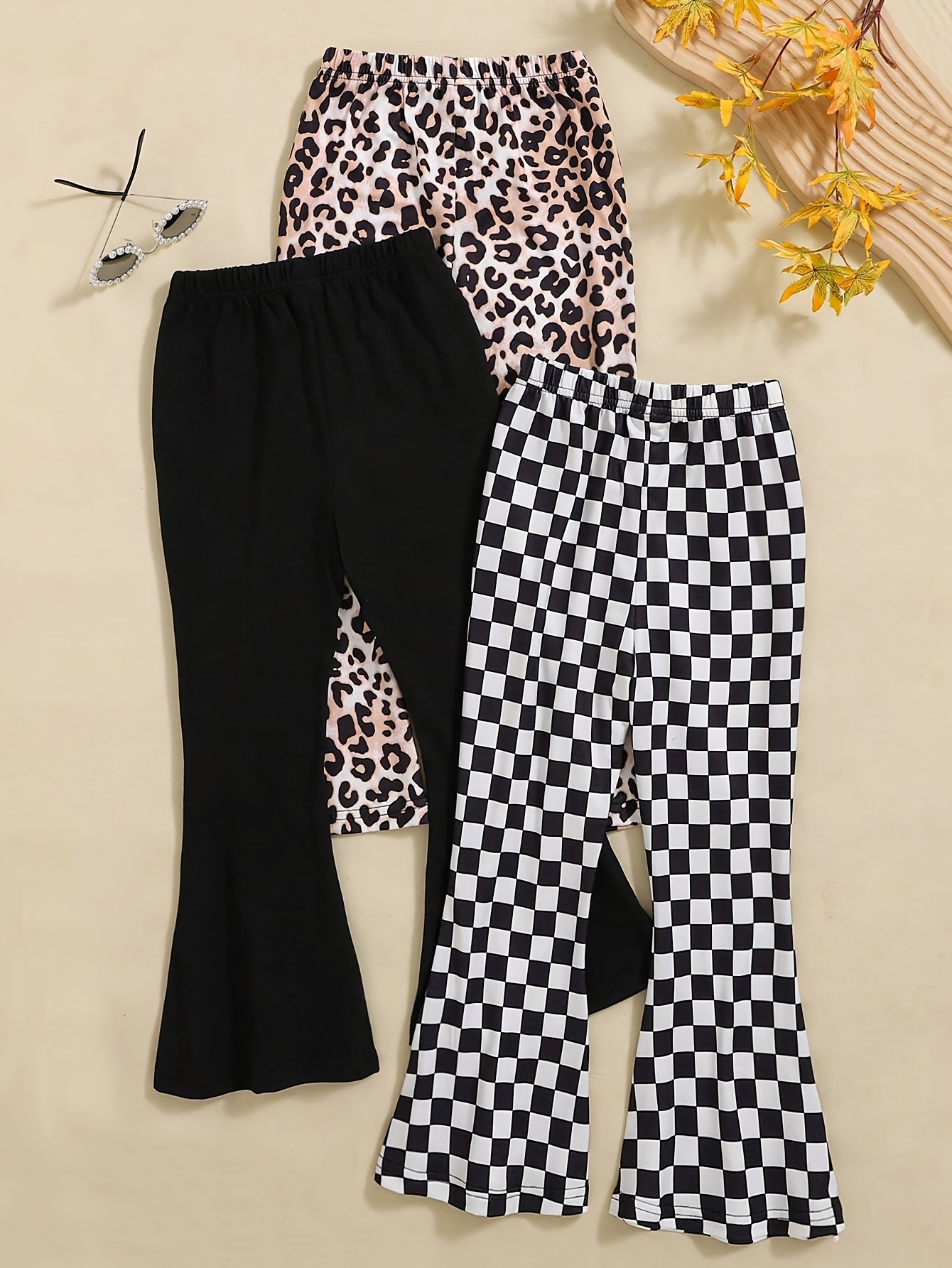 Girls Flare Pants All Season 3-Piece Leopard Print Houndstooth Stretch - 图片 10