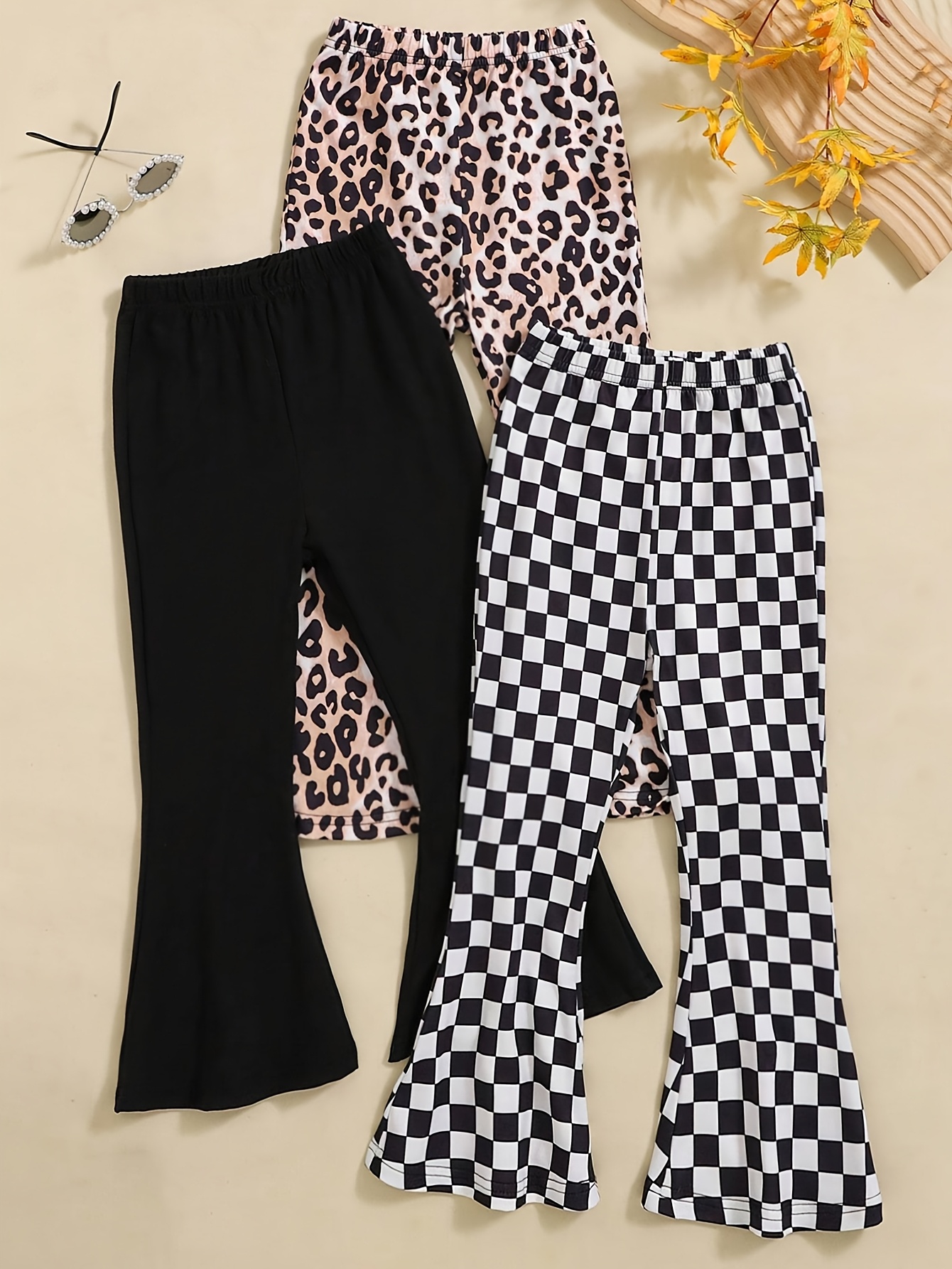 Girls Flare Pants All Season 3-Piece Leopard Print Houndstooth Stretch - 图片 9