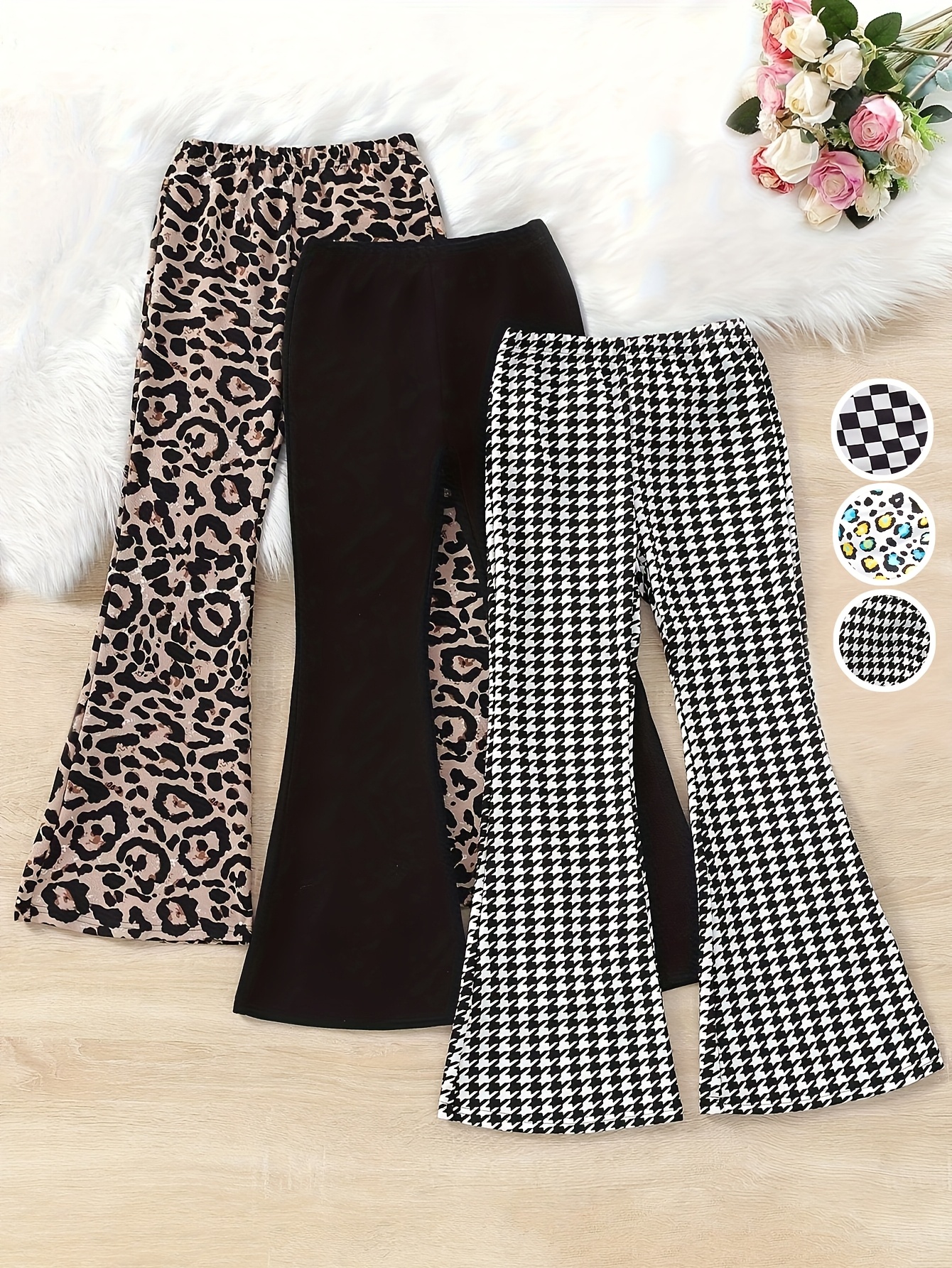 Girls Flare Pants All Season 3-Piece Leopard Print Houndstooth Stretch - 图片 3