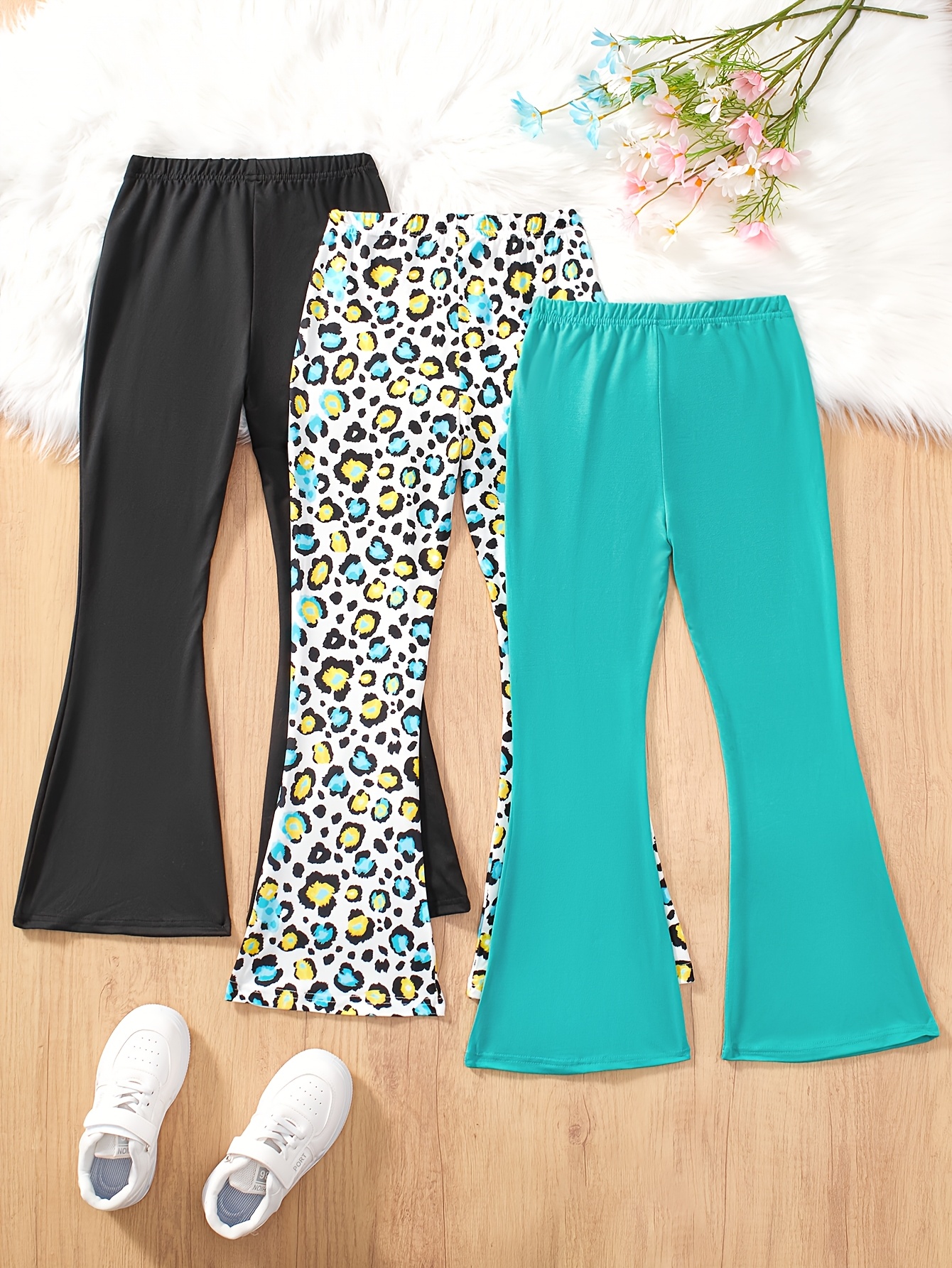 Girls Flare Pants All Season 3-Piece Leopard Print Houndstooth Stretch - 图片 4