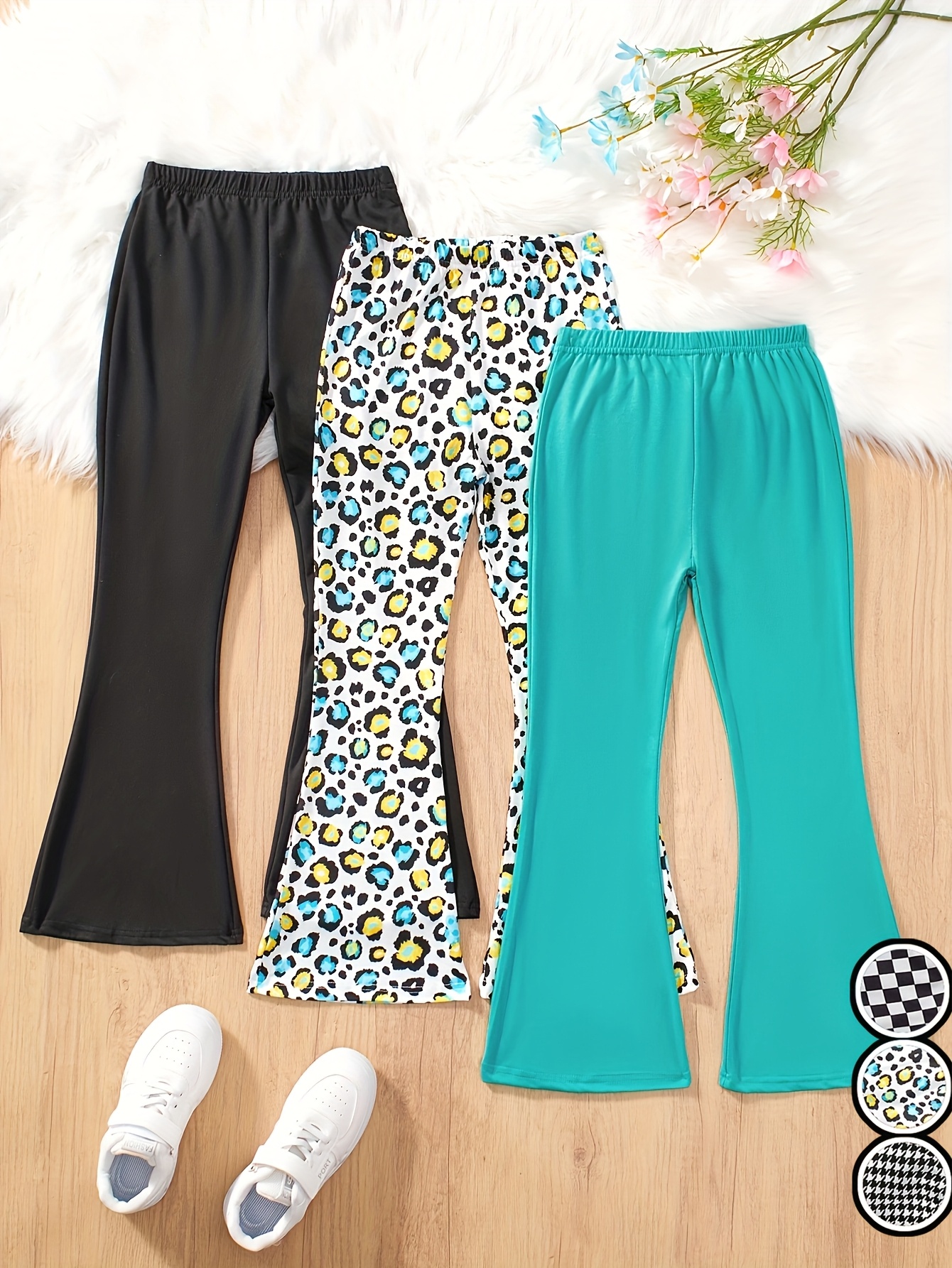 Girls Flare Pants All Season 3-Piece Leopard Print Houndstooth Stretch - 图片 8