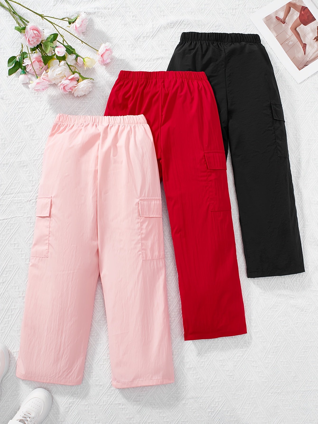 Girls Pants Set All Season 3-Piece Solid Color Stretch Comfort Ages 3+ - 图片 2