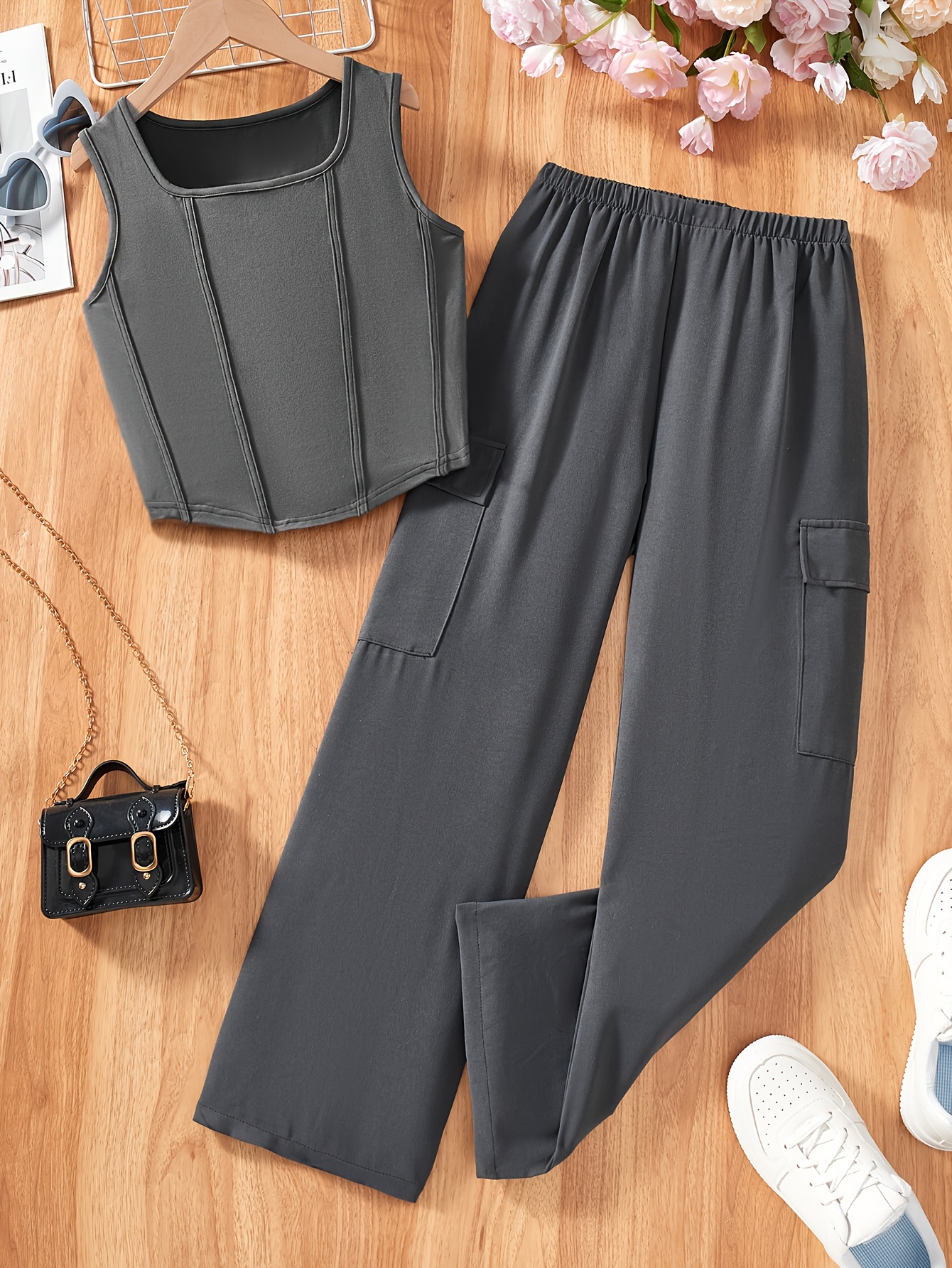 Girls Pants Set Spring-Summer-Fall 2-Piece Solid Stretch Teen Girls - 图片 2