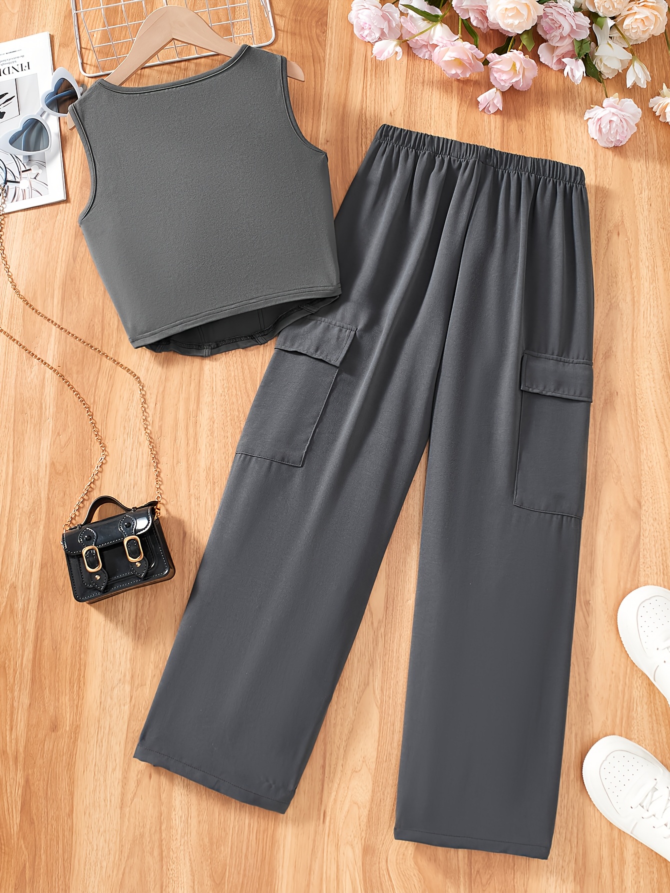Girls Pants Set Spring-Summer-Fall 2-Piece Solid Stretch Teen Girls - 图片 3