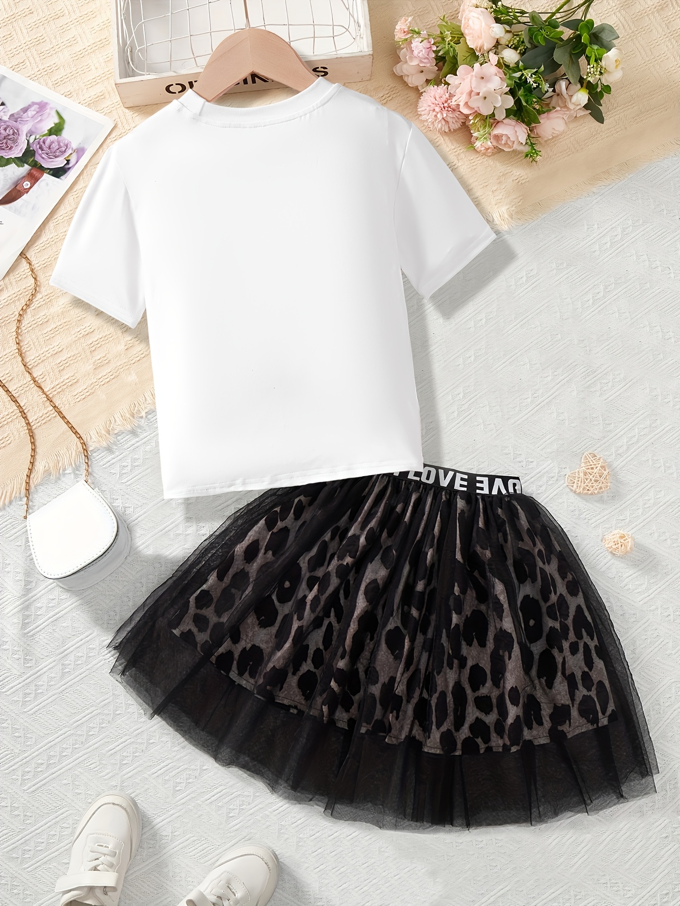 Girls T-Shirt Set Summer 2-Piece Leopard Print Letter Print Stretch - 图片 2