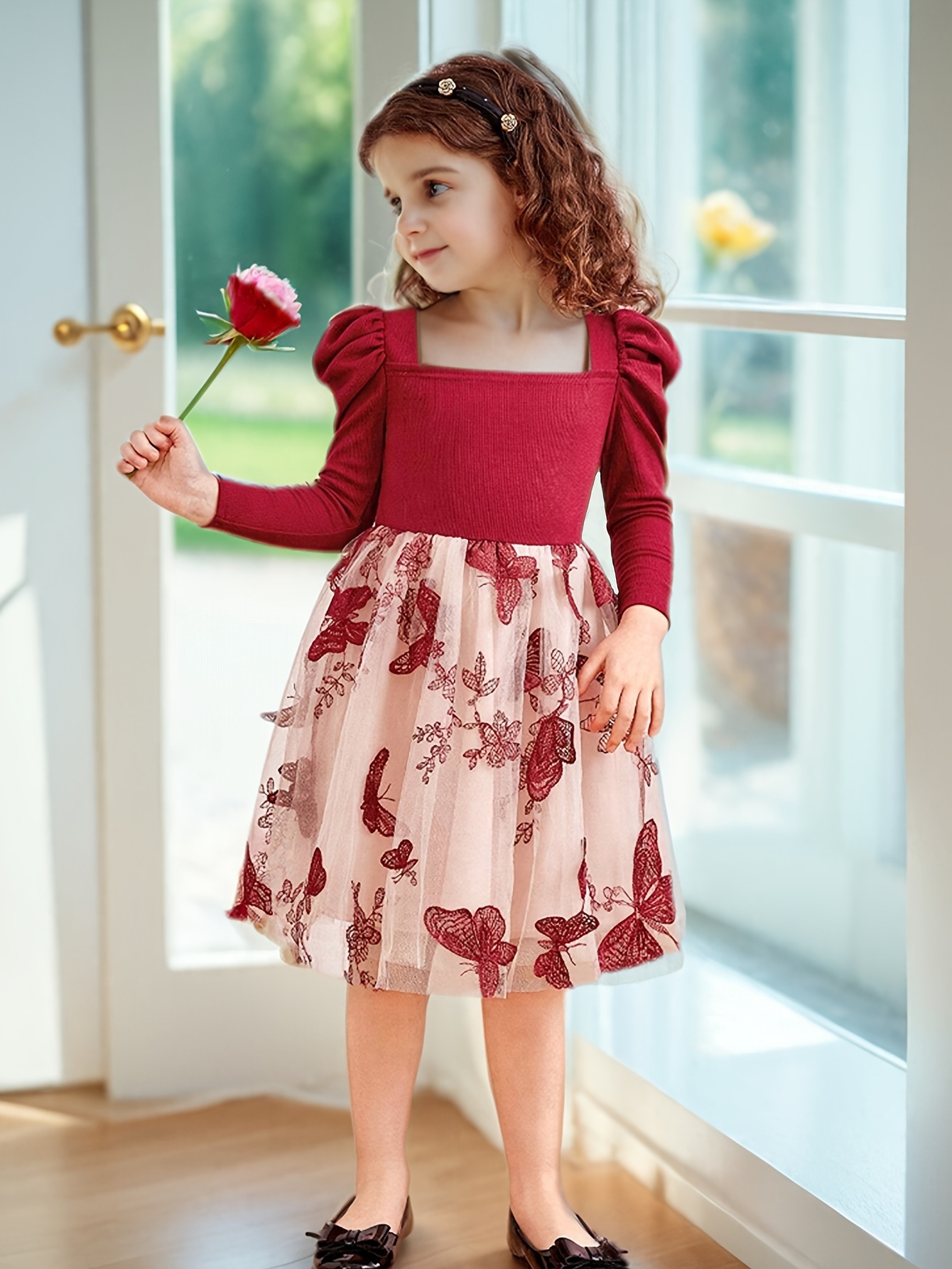 Girls Dress Fall Embroidered Mesh Stretch Comfort Ages 3+ - 图片 3