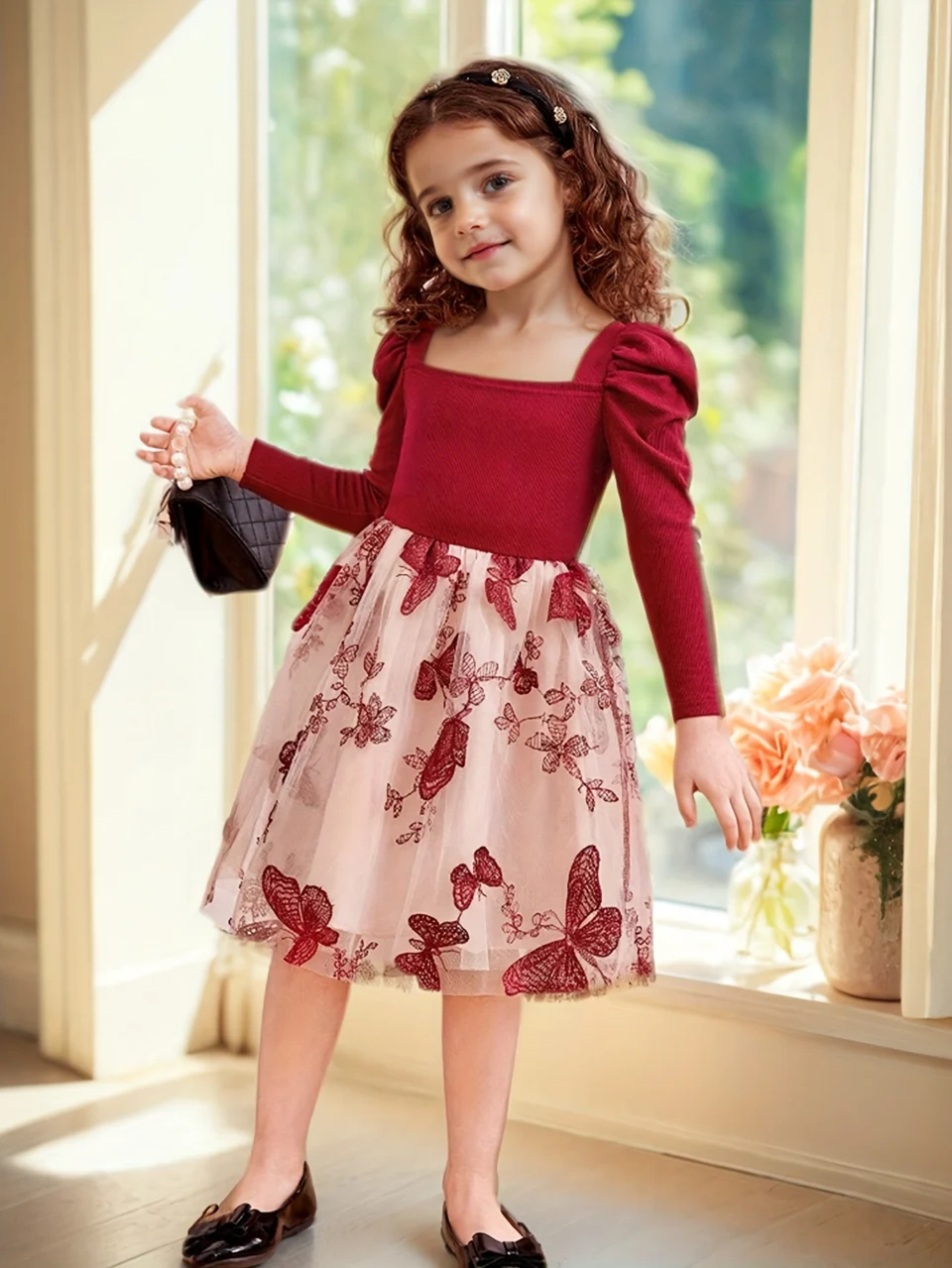 Girls Dress Fall Embroidered Mesh Stretch Comfort Ages 3+