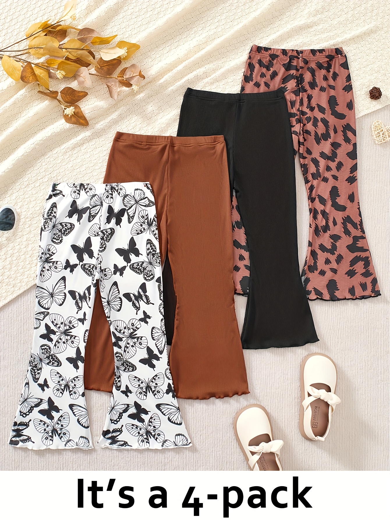 Girls Flare Pants All Season Leopard Print Solid Stretch Ages 3+ - 图片 2