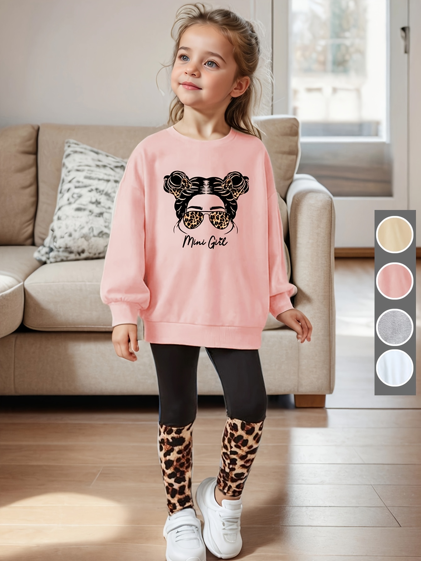 Girls Outfit Set Spring Fall 2-Piece Leopard Print Graphic Stretch - 图片 2