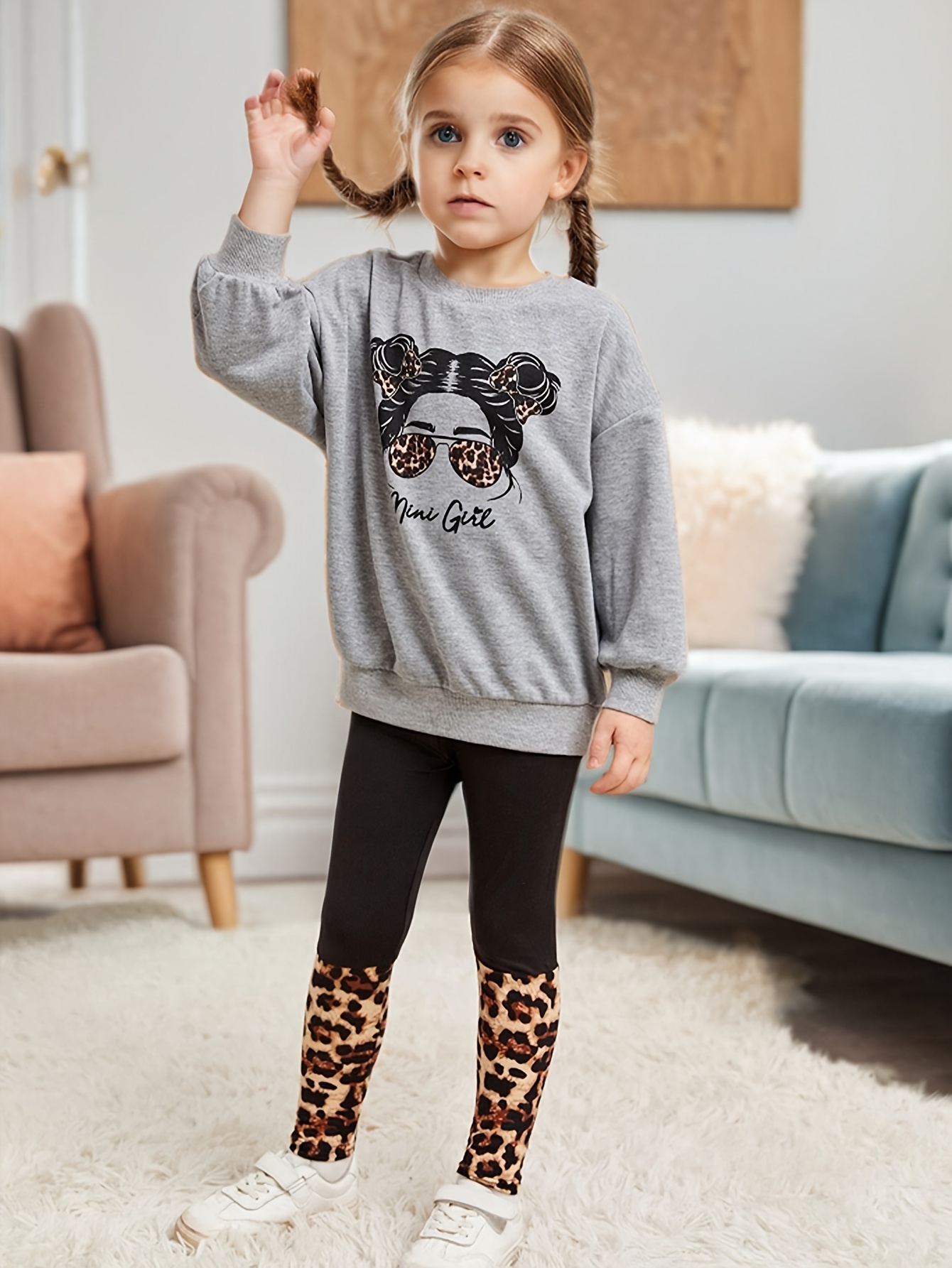 Girls Outfit Set Spring Fall 2-Piece Leopard Print Graphic Stretch - 图片 19