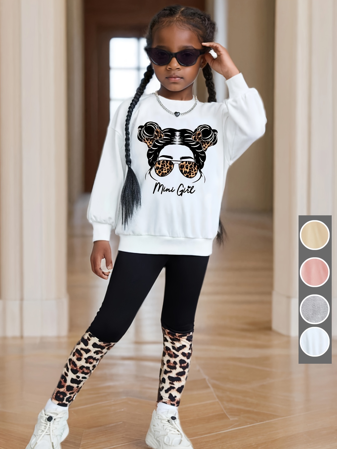 Girls Outfit Set Spring Fall 2-Piece Leopard Print Graphic Stretch - 图片 4