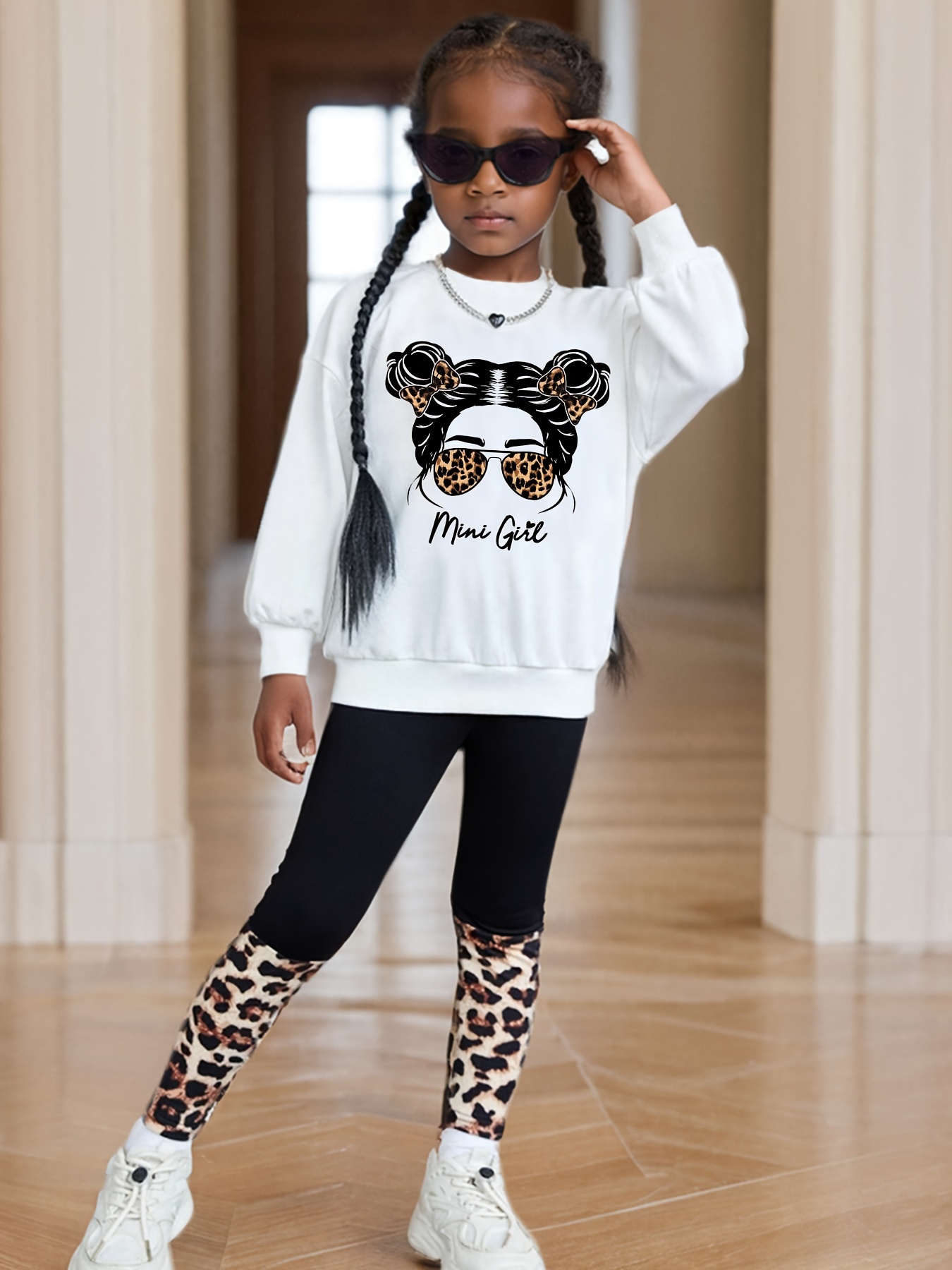 Girls Outfit Set Spring Fall 2-Piece Leopard Print Graphic Stretch - 图片 20