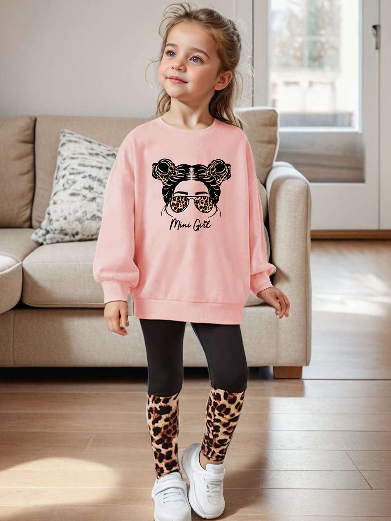 Girls Outfit Set Spring Fall 2-Piece Leopard Print Graphic Stretch - 图片 10