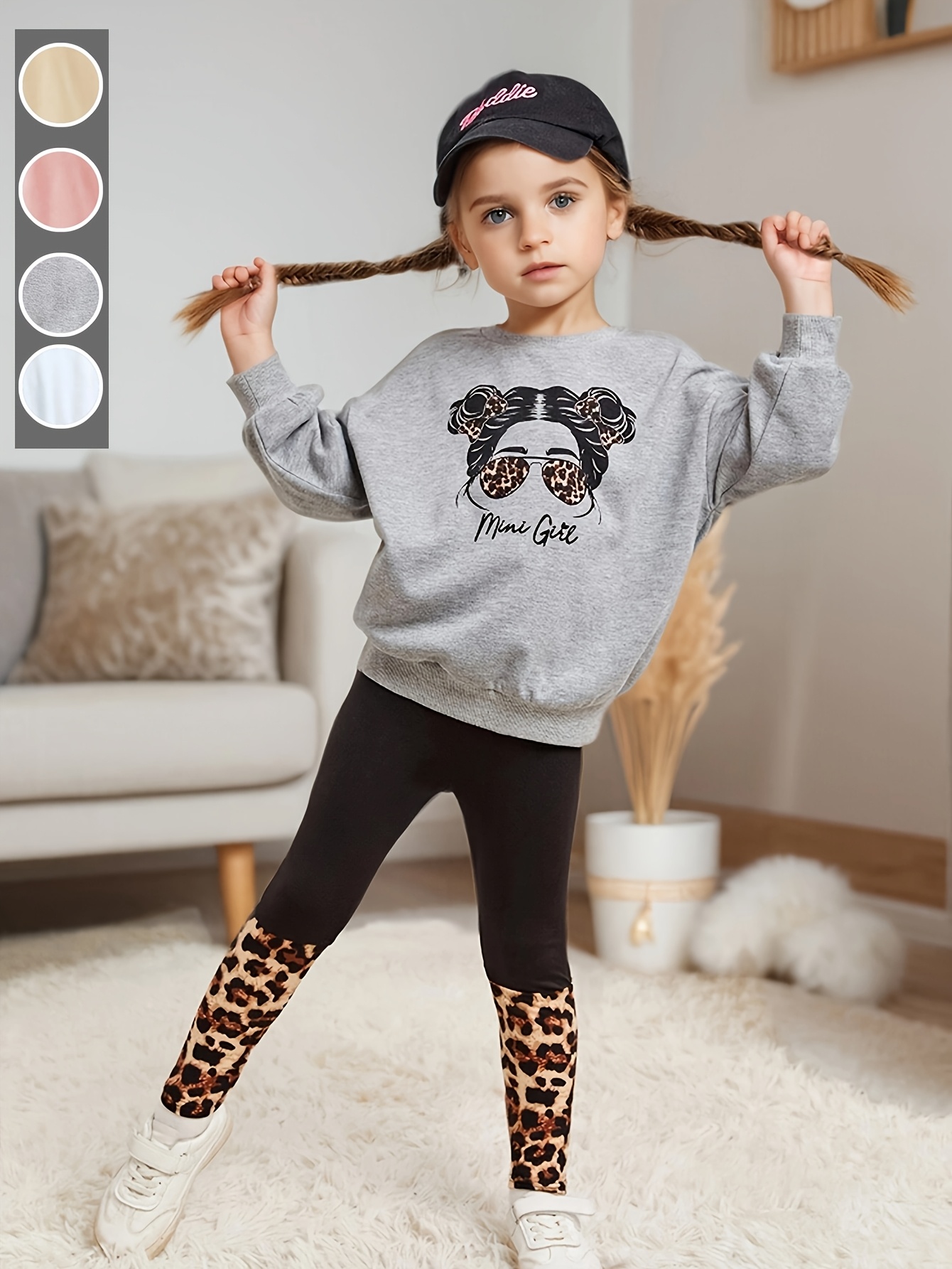 Girls Outfit Set Spring Fall 2-Piece Leopard Print Graphic Stretch - 图片 3