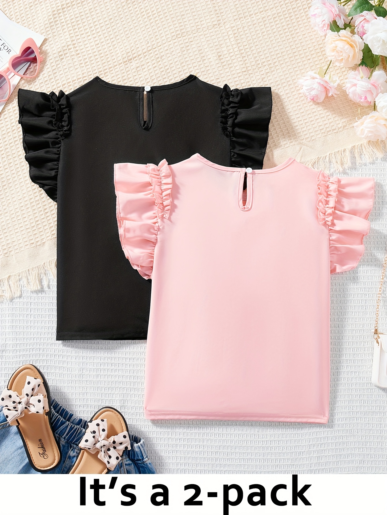 Girls Outfit Set Summer 2-Piece Solid Color Easy Care Teen Girls - 图片 2