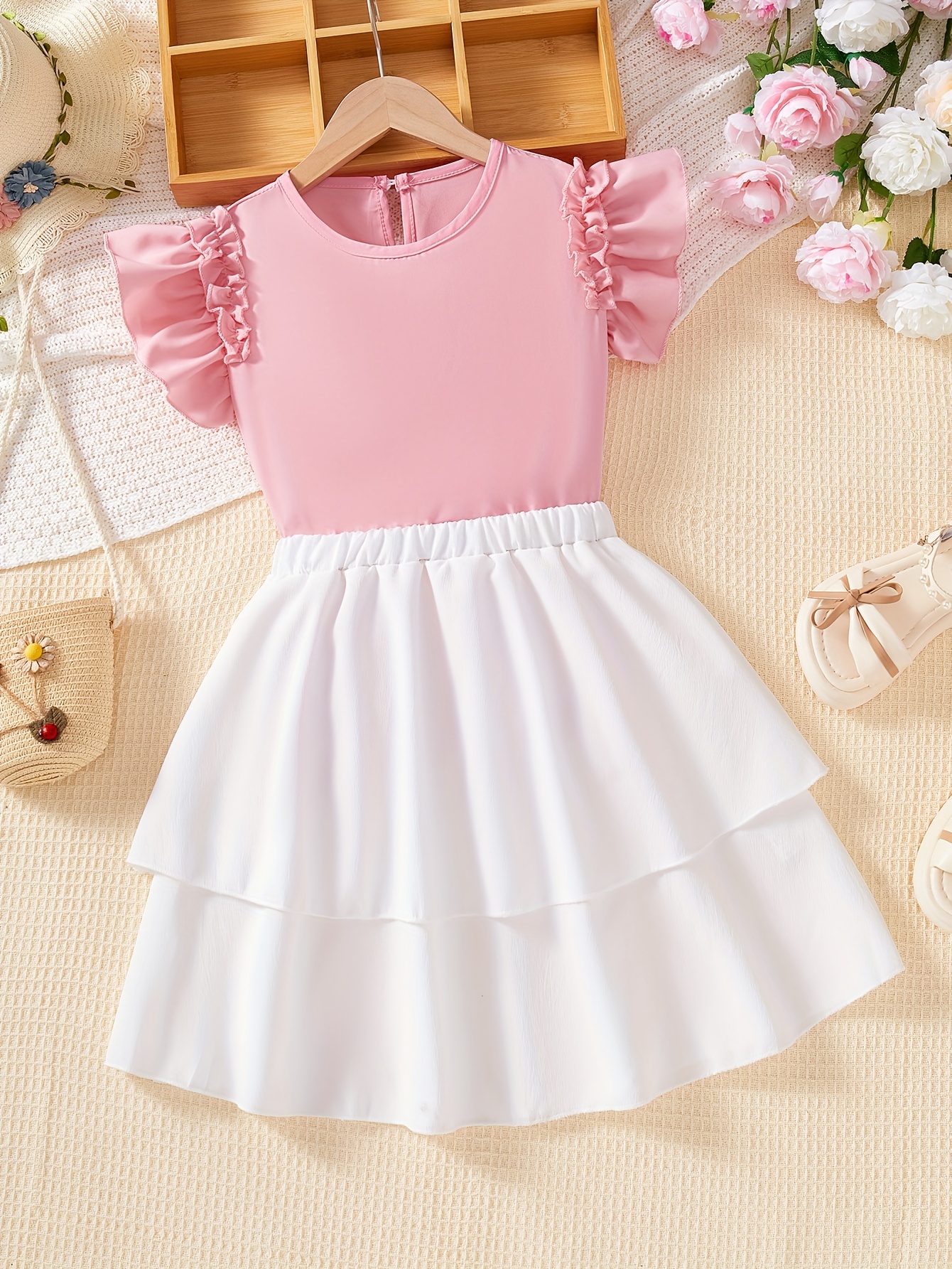 Girls Outfit Set Summer 2-Piece Solid Ruffle Stretch Teen Girls - 图片 2