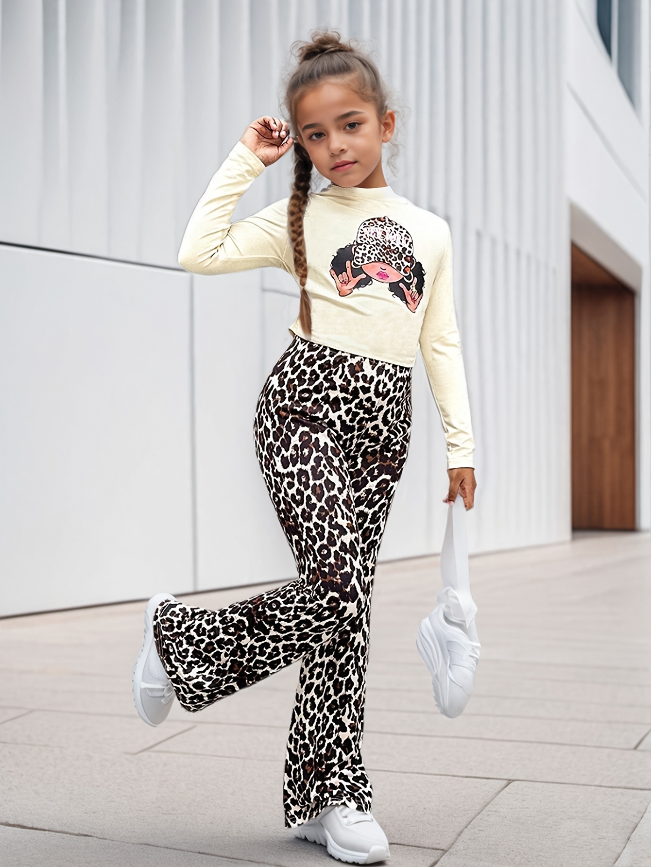 Girls Flare Pants All Season 2-Piece Leopard Print Graphic Stretch - 图片 2