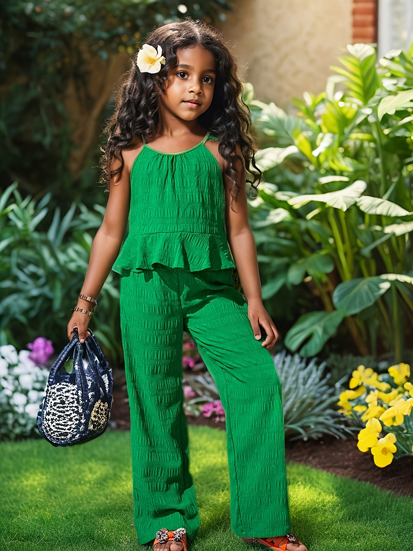 Girls Tank Top Pants Set Spring Fall 2-Piece Solid Ruffle Stretch - 图片 2