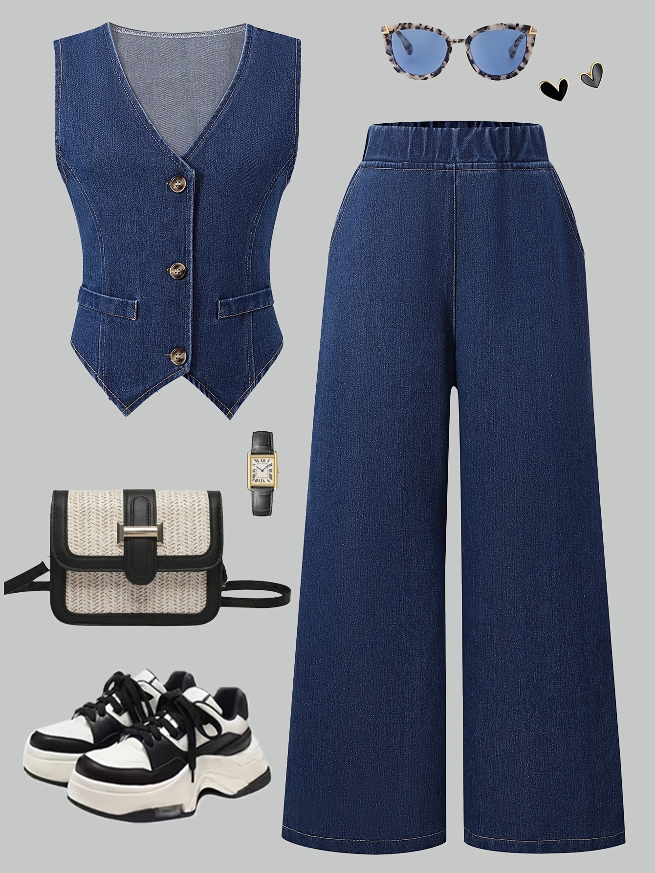 Teen Girls Vest Jeans 2-Piece Set Solid Spring Summer Easy Care - 图片 2