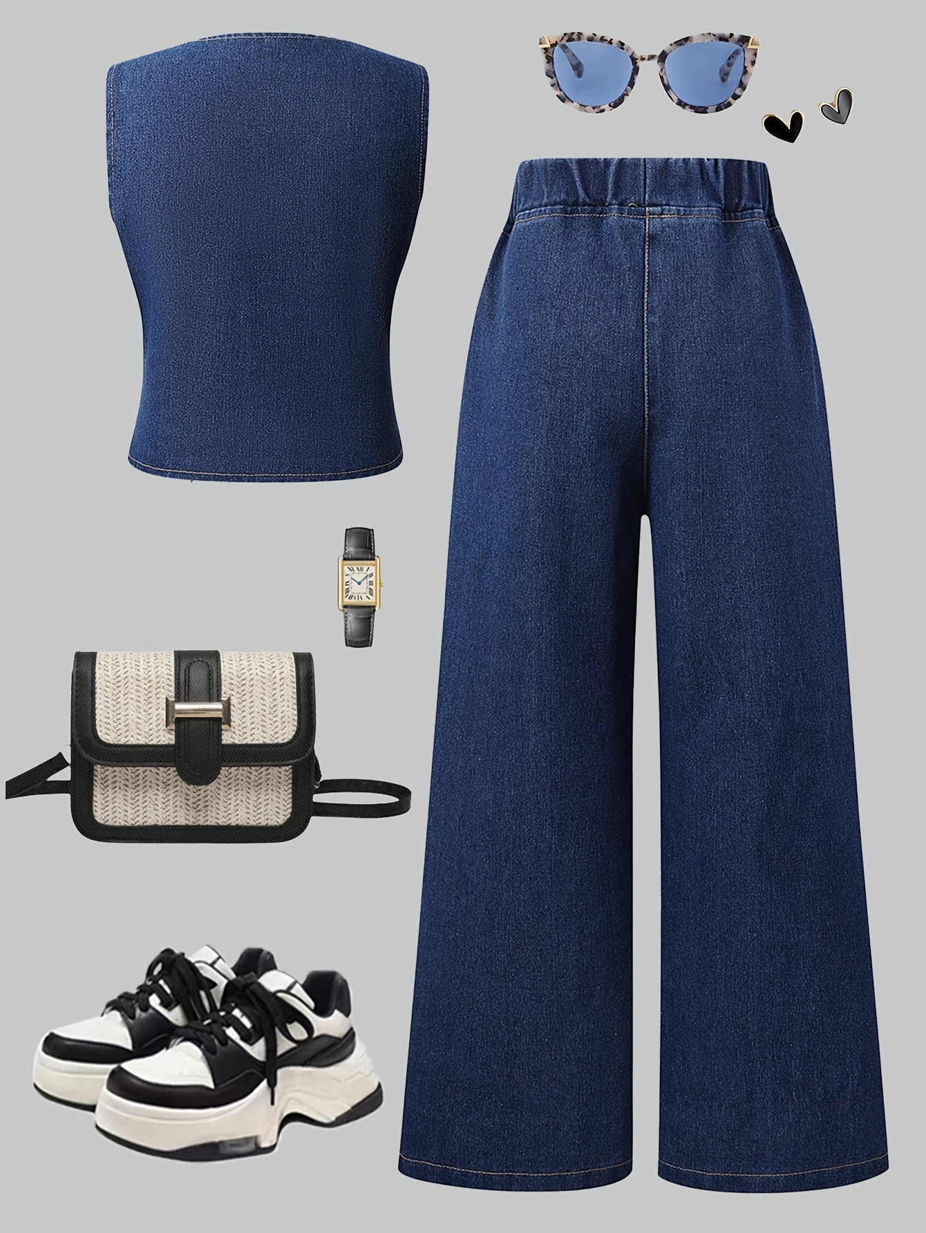 Teen Girls Vest Jeans 2-Piece Set Solid Spring Summer Easy Care - 图片 3