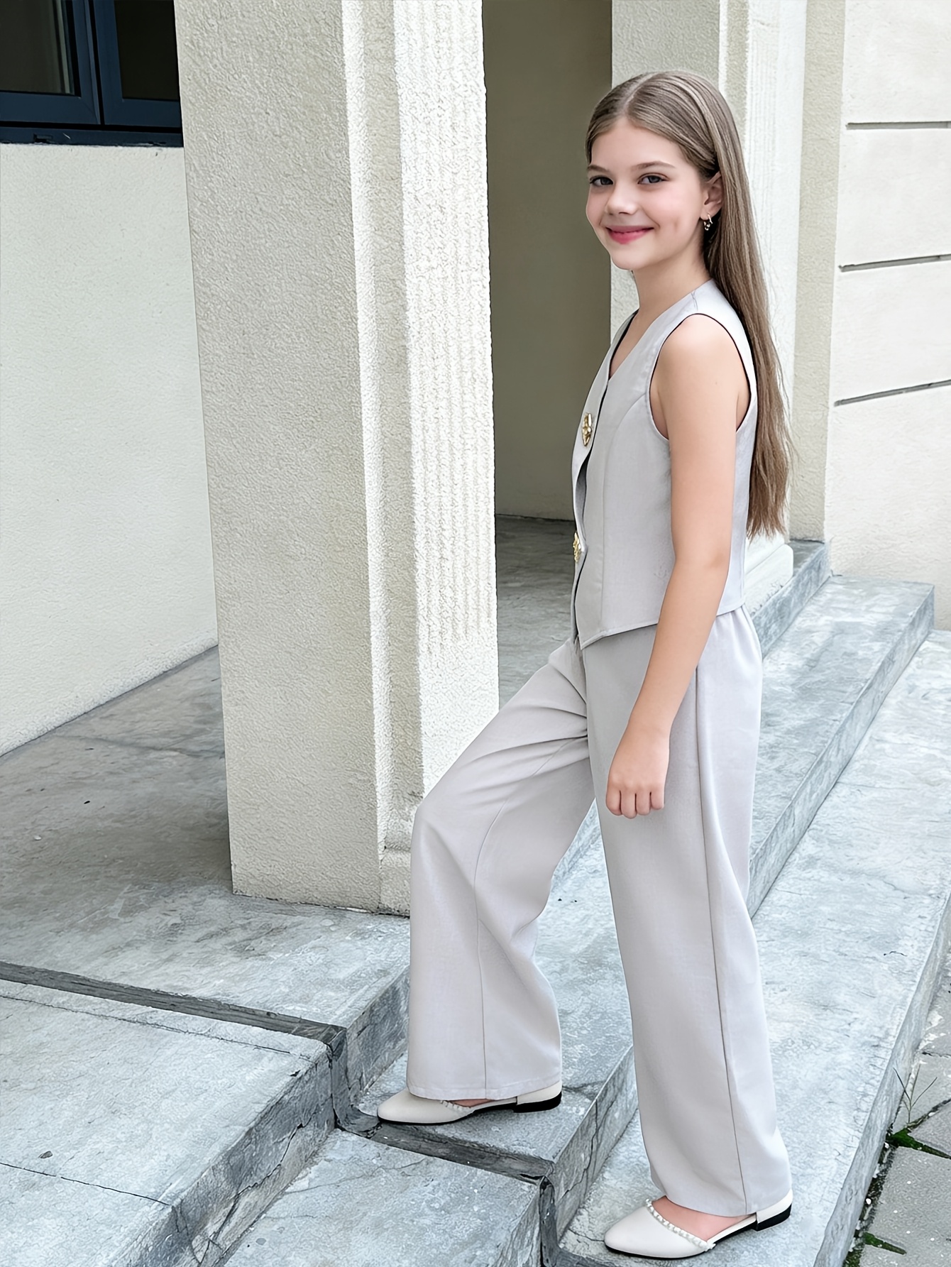 Teen Girls Blazer Vest Wide Leg Pants 2-Piece Set Solid Spring Summer Easy Care - 图片 4