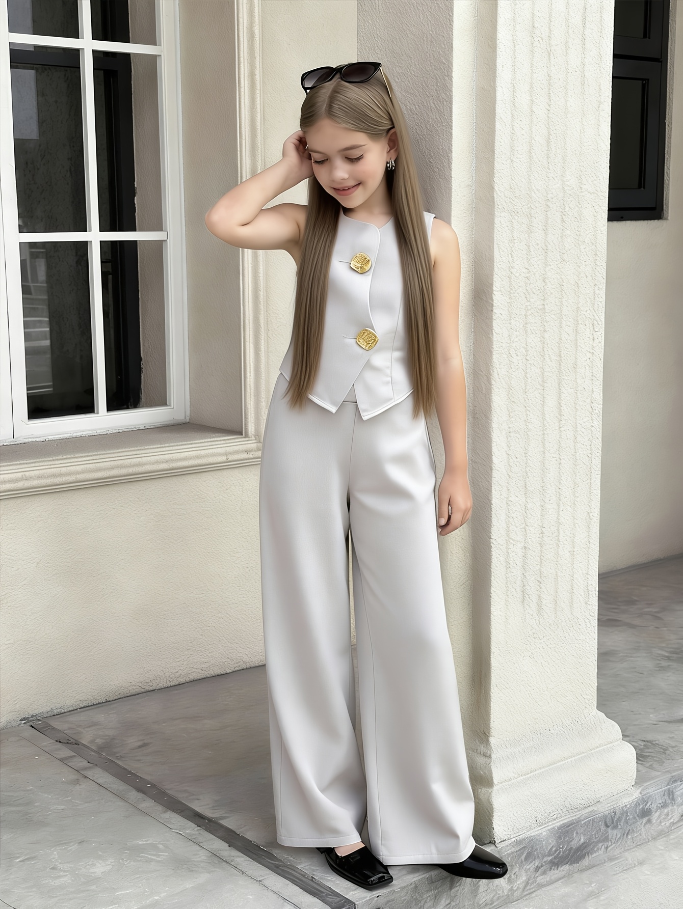 Teen Girls Blazer Vest Wide Leg Pants 2-Piece Set Solid Spring Summer Easy Care - 图片 5