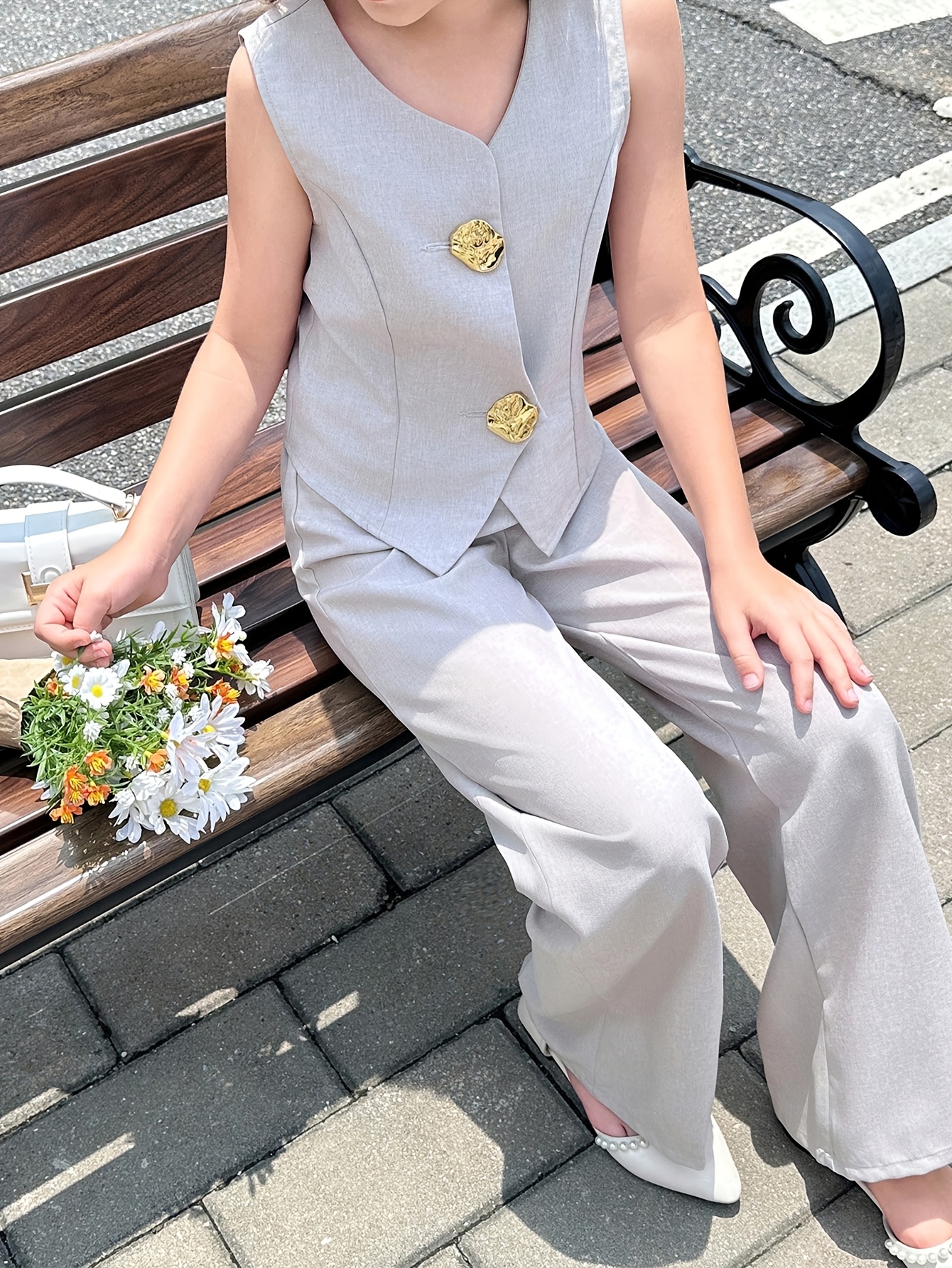 Teen Girls Blazer Vest Wide Leg Pants 2-Piece Set Solid Spring Summer Easy Care - 图片 3