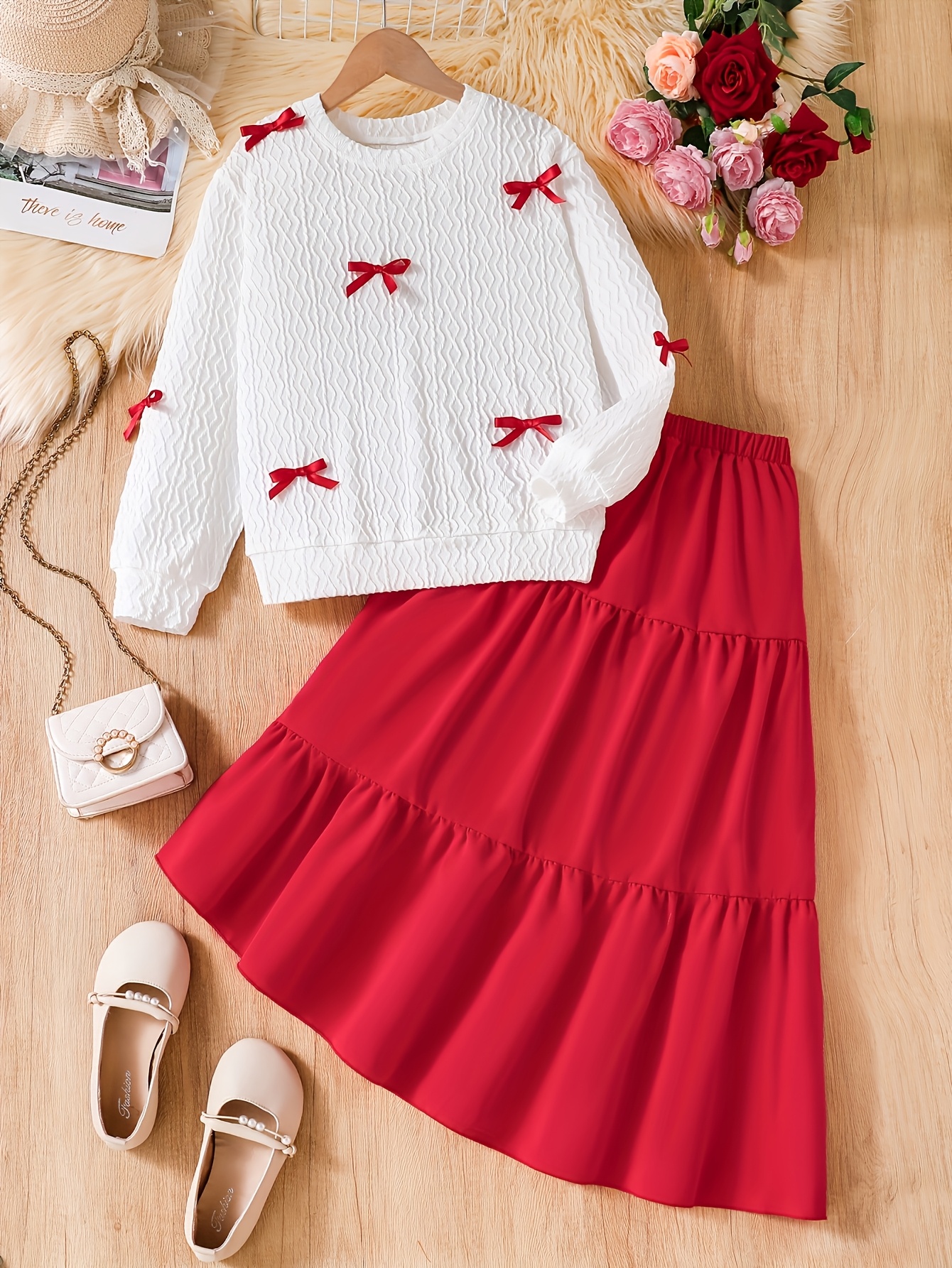 Teen Girls Sweatshirt Skirt 2-Piece Set Christmas Fall Winter Stretch - 图片 2