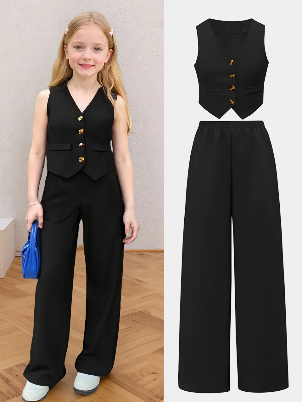 Teen Girls Loose Fit Blazer Vest Loose Pants 2-Piece Set Striped Spring Summer