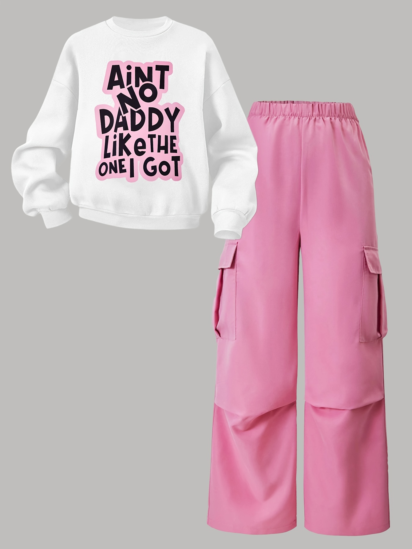 Teen Girls Sweatshirt Cargo Pants 2-Piece Set Letter Print Fall Winter - 图片 3