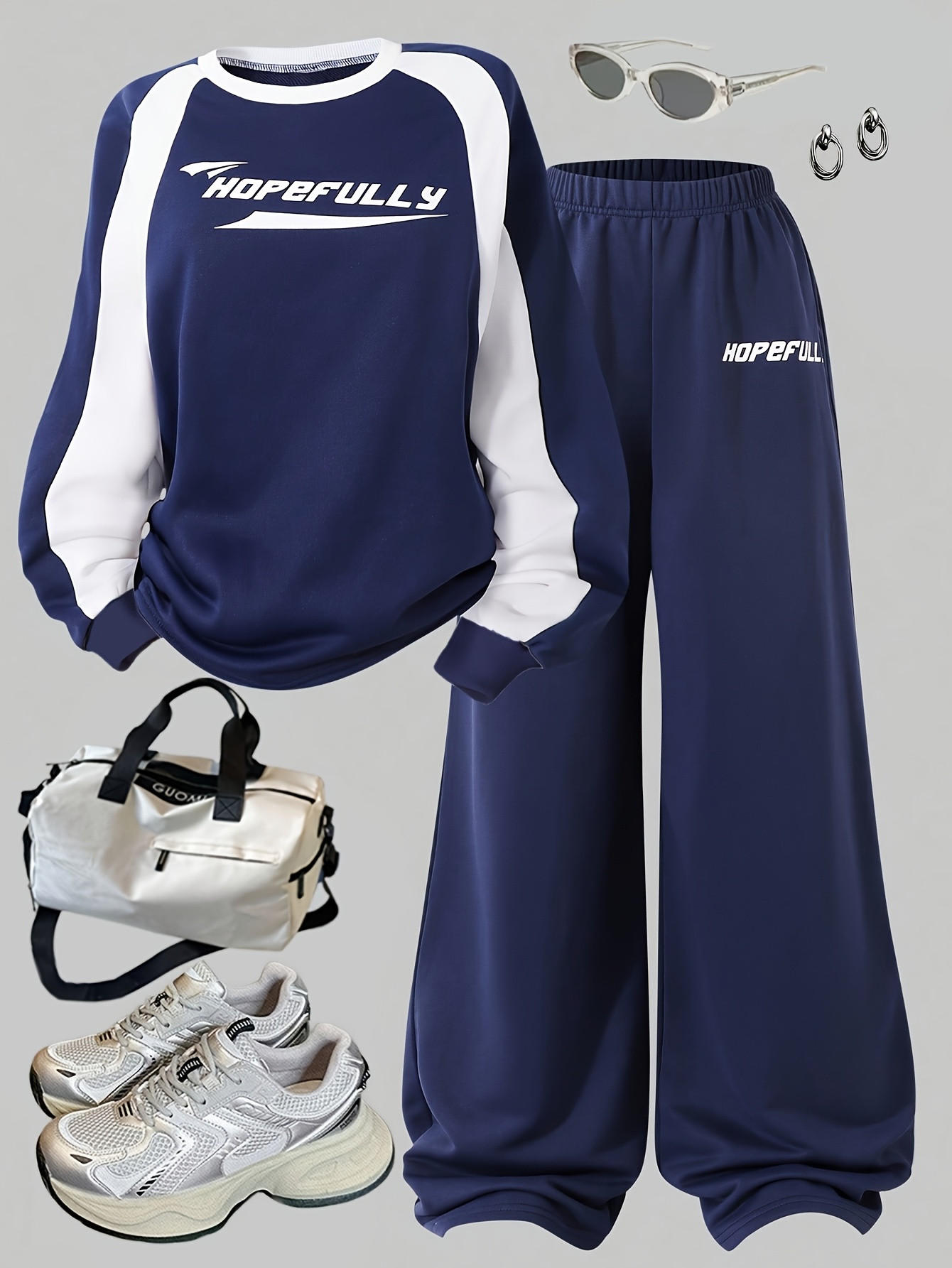 Teen Girls Sweatshirt Wide Leg Pants 2-Piece Set Letter Print Fall Winter - 图片 2
