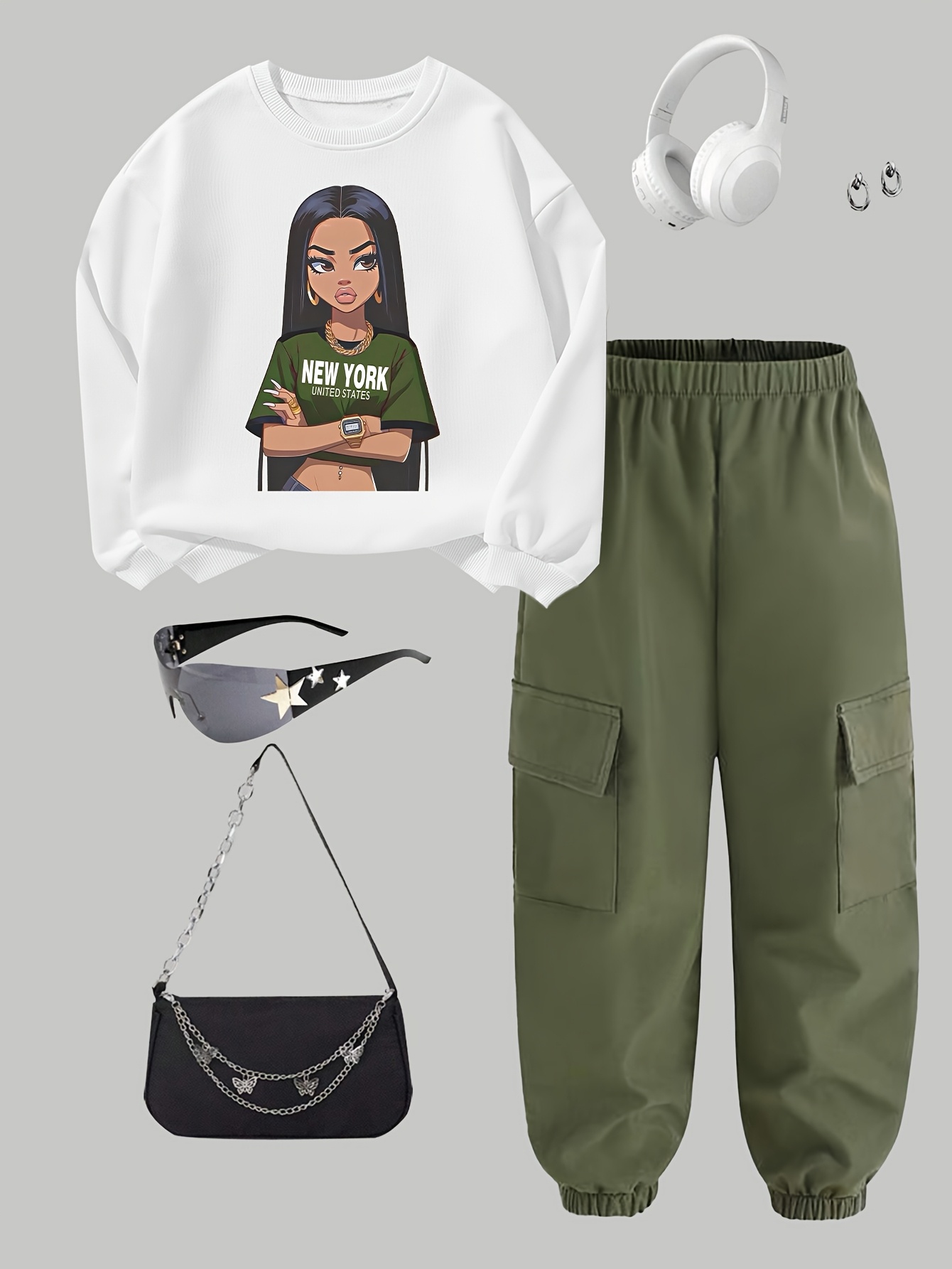 Teen Girls Y2K Streetwear Sweatshirt Cargo Pants 2-Piece Set Graphic Print Fall - 图片 2