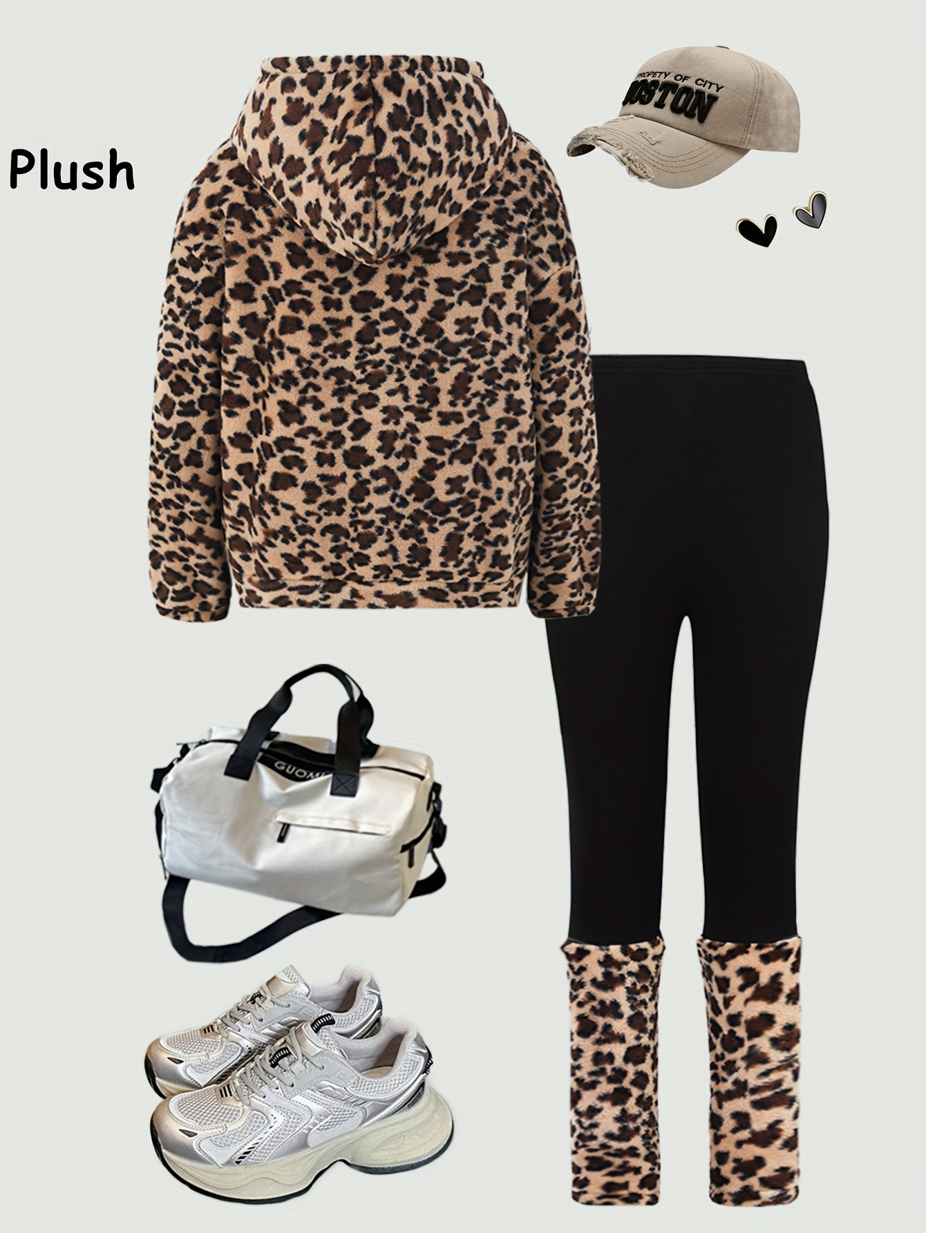 Teen Girls Hoodie Pants 2-Piece Set Leopard Print Fall Winter Stretch - 图片 3