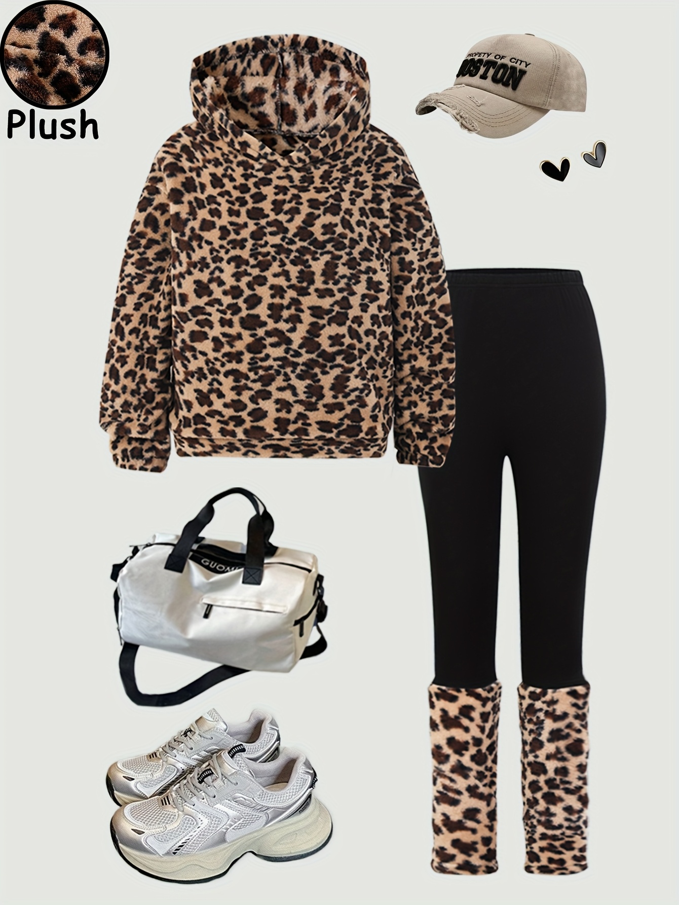 Teen Girls Hoodie Pants 2-Piece Set Leopard Print Fall Winter Stretch - 图片 2