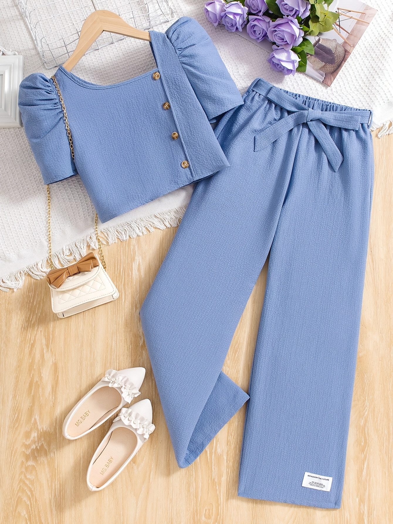 Teen Girls Straight Leg Pants 2-Piece Set Solid Spring Summer Easy Care - 图片 2