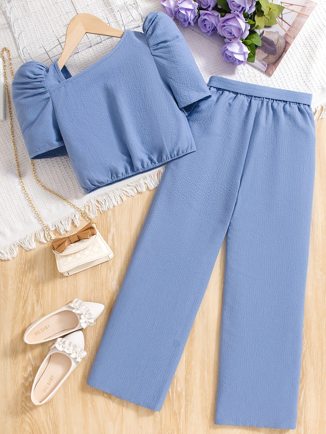 Teen Girls Straight Leg Pants 2-Piece Set Solid Spring Summer Easy Care - 图片 3