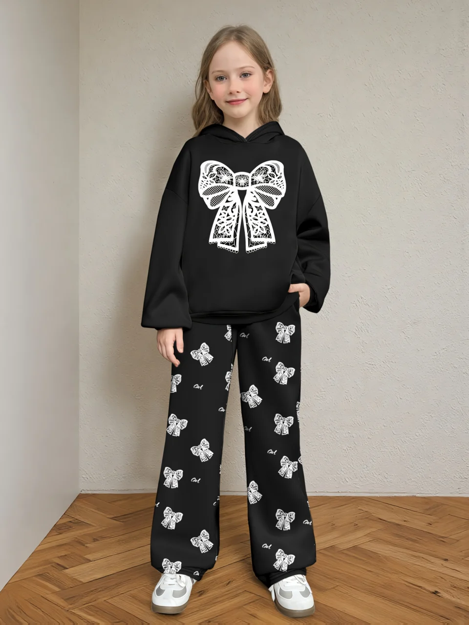 Girls Hoodie Wide Leg Pants 2-Piece Set Graphic Fall Winter Stretch