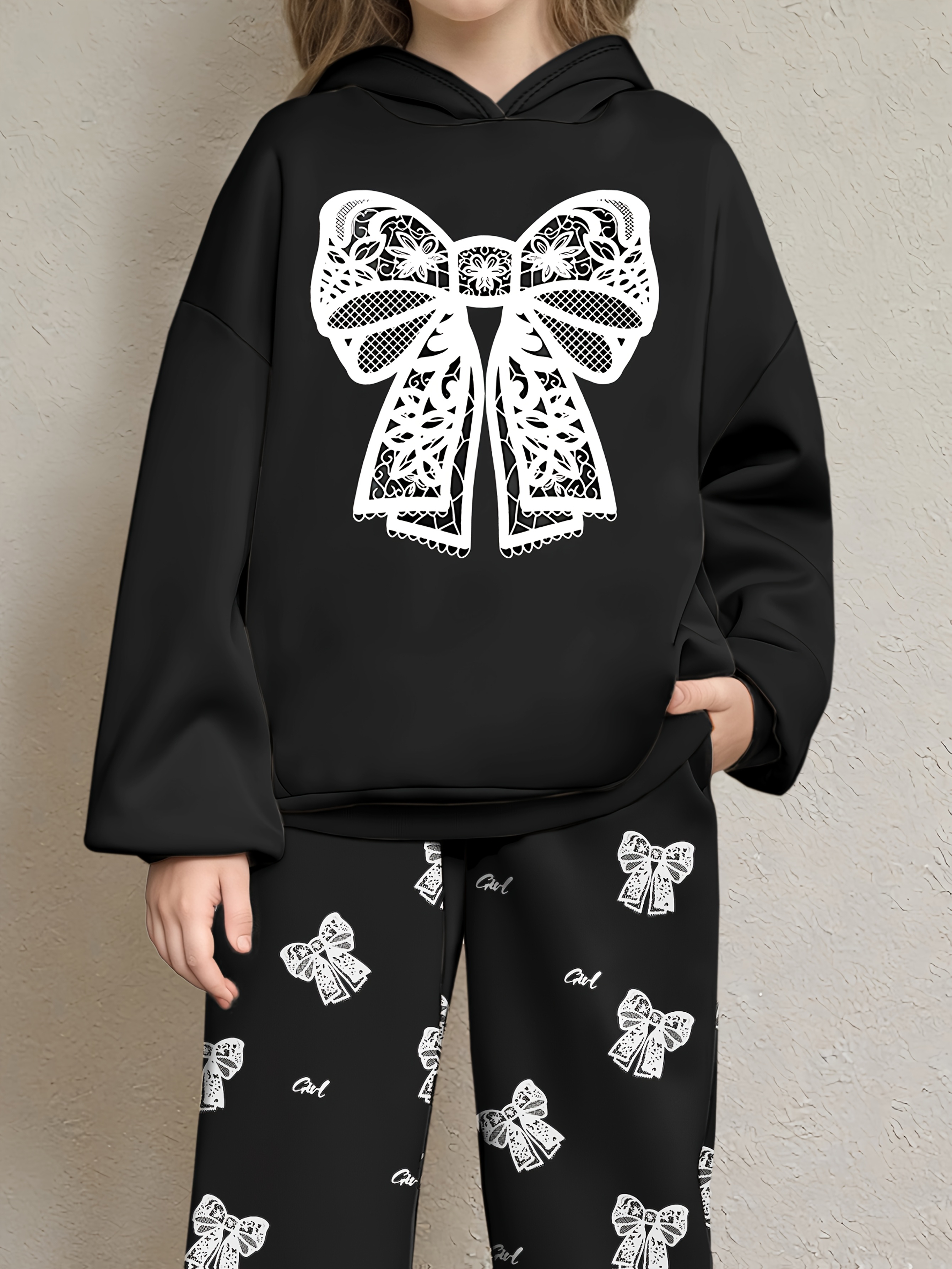 Girls Hoodie Wide Leg Pants 2-Piece Set Graphic Fall Winter Stretch - 图片 2