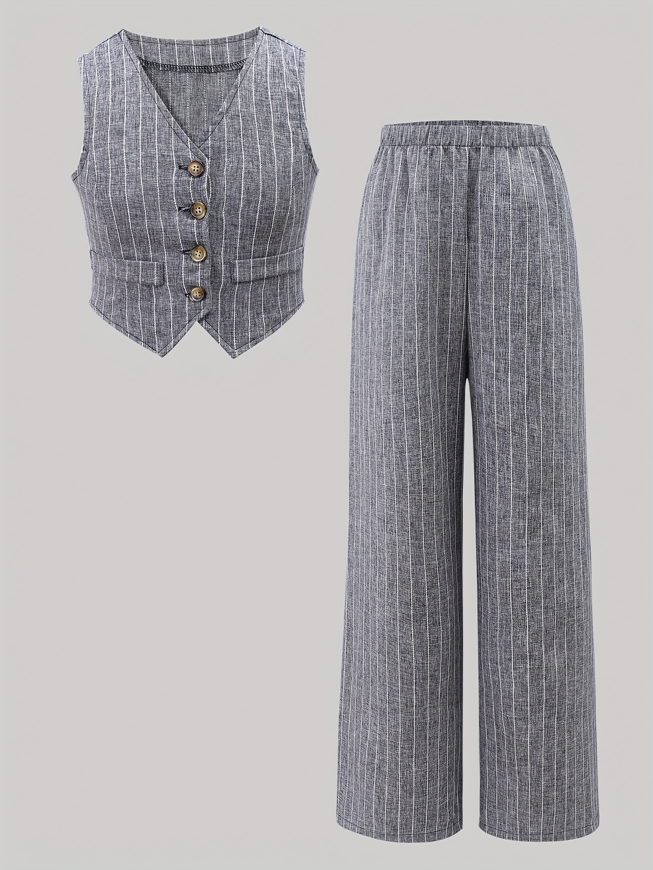 Teen Girls Loose Fit Blazer Vest Loose Pants 2-Piece Set Striped Spring Summer - 图片 2