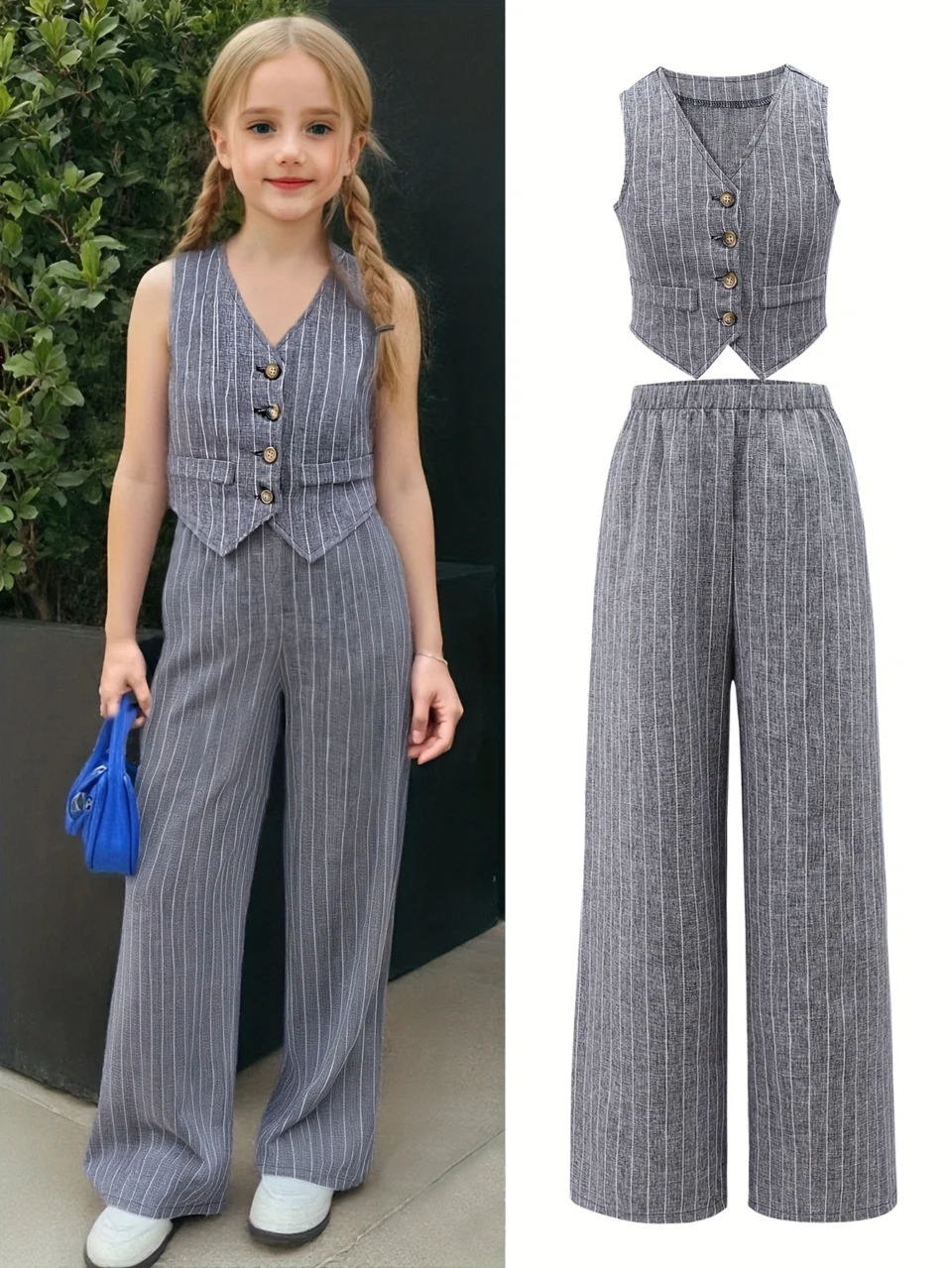Teen Girls Loose Fit Blazer Vest Loose Pants 2-Piece Set Striped Spring Summer