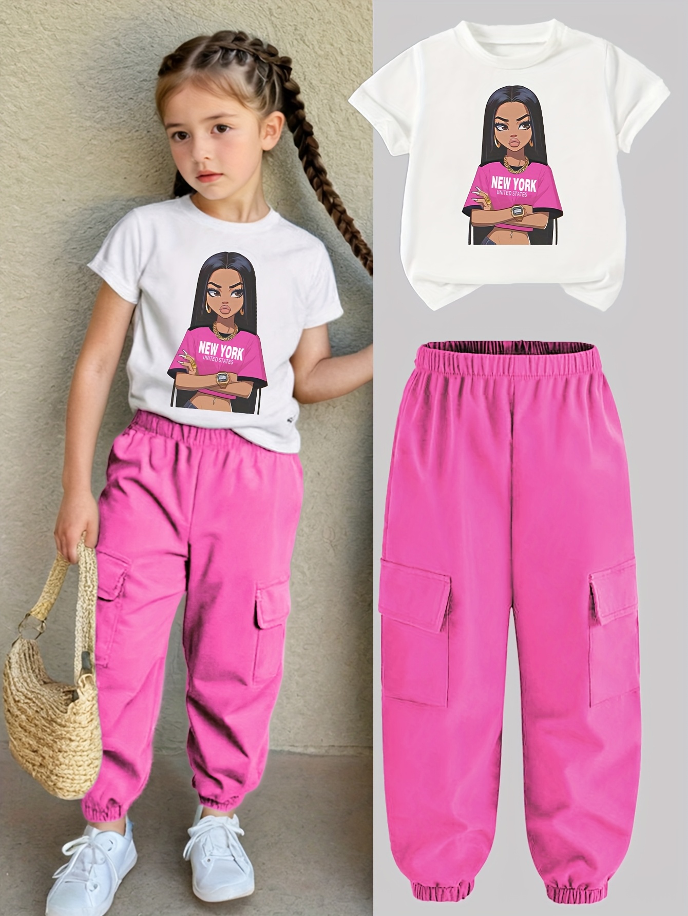 Teen Girls Y2K Streetwear T-Shirt Cargo Pants 2-Piece Set Spring Summer - 图片 7