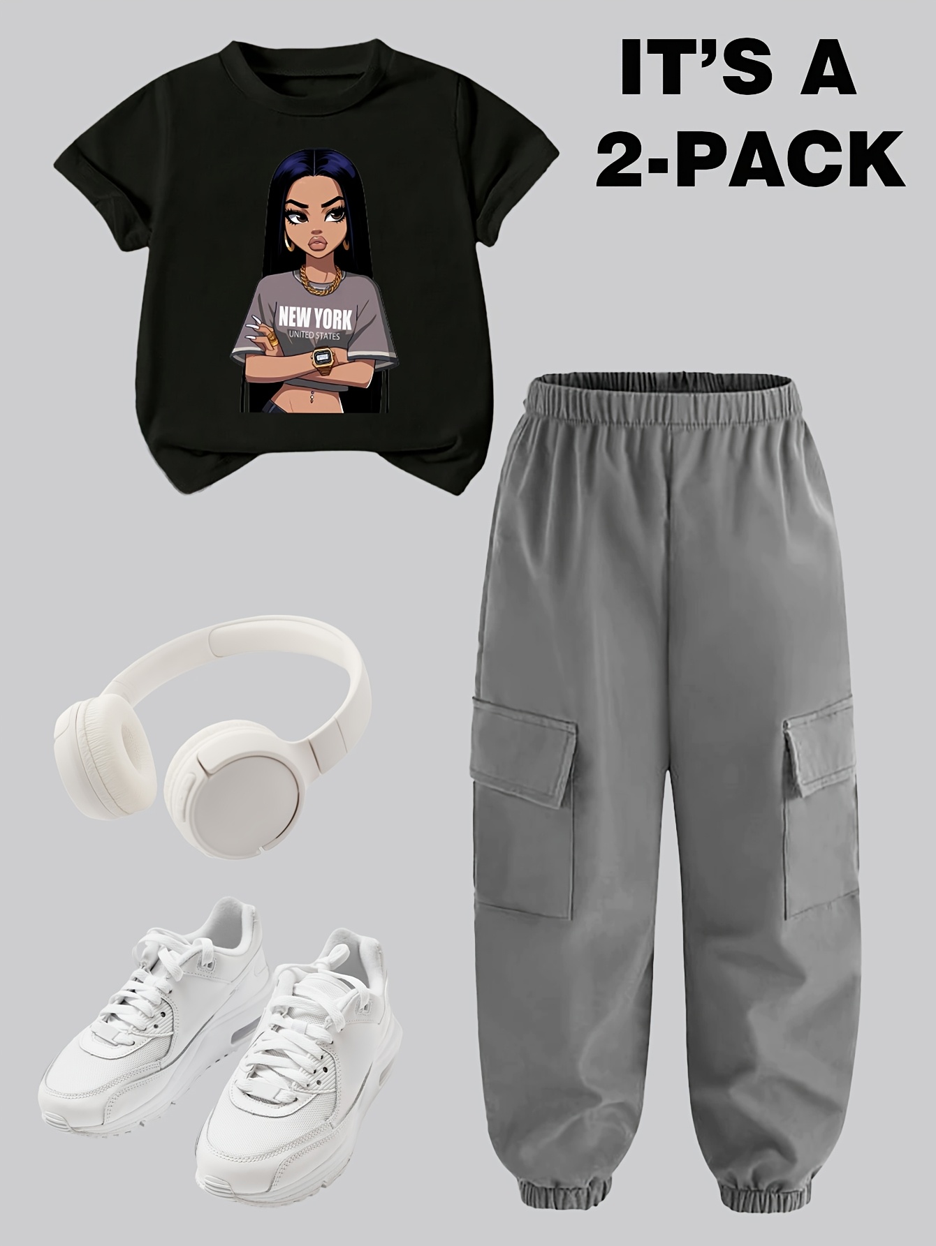 Teen Girls Y2K Streetwear T-Shirt Cargo Pants 2-Piece Set Spring Summer - 图片 21